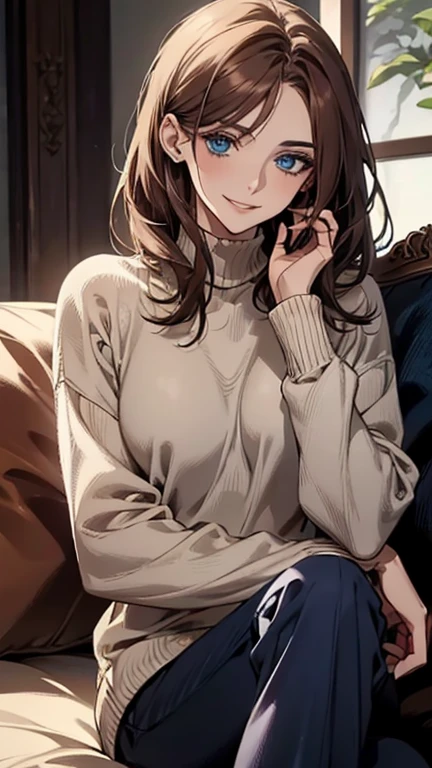 (highest quality,High resolution,Very detailed),1 girl, Beautiful and elegant light blue eyes, Brown Hair, Cold Smile,Medium Hair,pants,Wearing a blue high-neck sweater, Mature Woman, Age 27,Cruel smile, Calm and Calm,Slim figure, Pale complexion, thin, Calm, Sitting on the sofa,Talking,Mug
