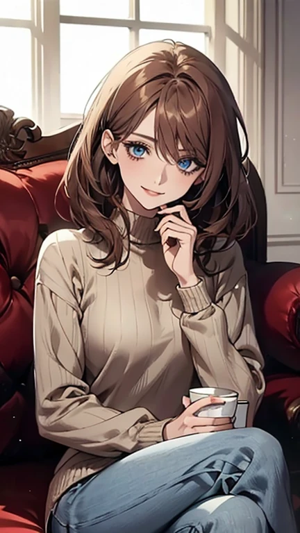 (highest quality,High resolution,Very detailed),1 girl, Beautiful and elegant light blue eyes, Brown Hair, Cold Smile,Medium Hair,pants,Wearing a blue high-neck sweater, Mature Woman, Age 27,Cruel smile, Calm and Calm,Slim figure, Pale complexion, thin, Calm, Sitting on the sofa,Talking,Mug