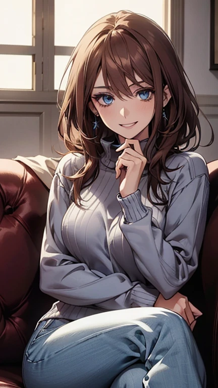 (highest quality,High resolution,Very detailed),1 girl, Beautiful and elegant light blue eyes, Brown Hair, Cold Smile,Medium Hair,pants,Wearing a blue high-neck sweater, Mature Woman, Age 27,Cruel smile, Calm and Calm,Slim figure, Pale complexion, thin, Calm, Sitting on the sofa,Talking,Mug,Blue sweater