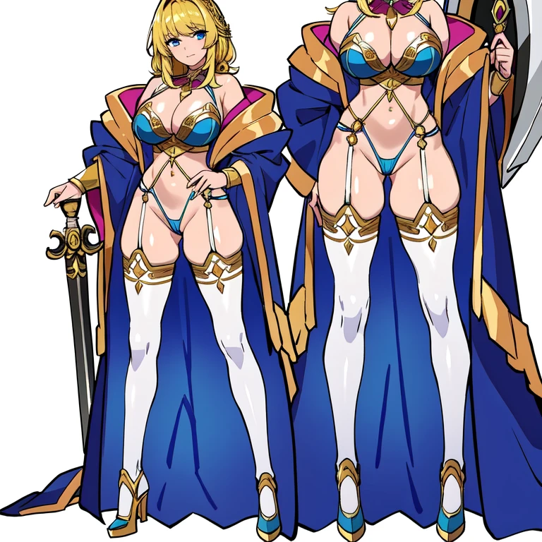 masterpiece, best quality, solo, high fantasy outfits, ((white background)), full body, multiple views, thong, cleavage, holding weapon,