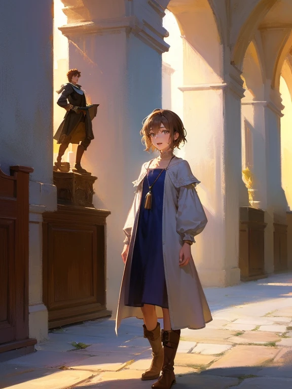 masterpiece, best quality, rpg character art, epic fantasy art style, 2 siblings, 1 boy (Lera, teenager, etic, excited, youthful appearance, skinny, normal build, full body fantasy concept art, short brown hair, hazel eyes, high detail, light casual medieval clothes), 1 girl (Vera, 14-year-old teeatic, exciteouthful appearance, full body fantasy concept art, short brown hair, hazel eyes, high detail, light casual medieval clothes (simple dress and brown boots)), Lera is a bit taller than Vera, dynamic poses, battle-ready, confident, working together, intricate details, ultra high resolution, sharp focus, HD, 8k, clear facial features, clear details, the background is an open field, zoomed out view, looking at the viewer