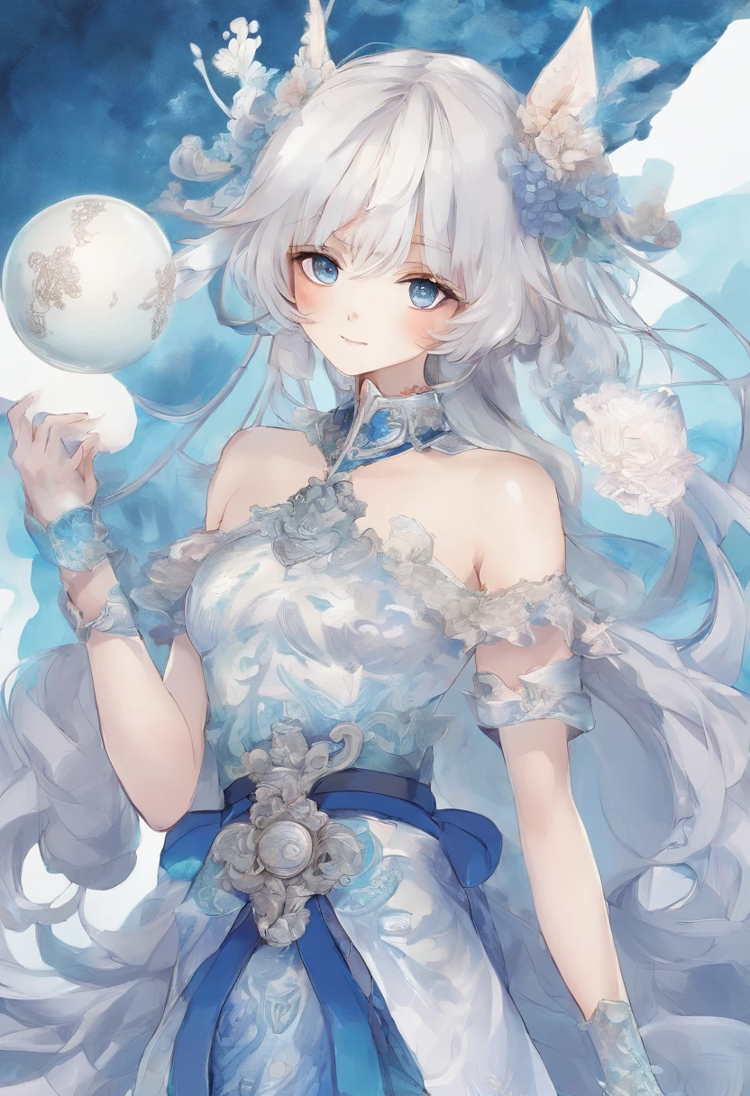 Anime girl in a blue and white dress holding a blue ball, Onmyoji, Onmyoji detailed art, Onmyoji portrait, White-haired deity, keqing from Genshin Impact impact, Genshin Impact, From Arknights, zhongli from Genshin Impact impact, heise jinyao, by Shitao, dragon, author：Yang Jie, yun ling