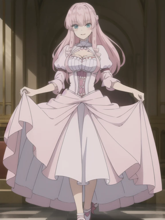 ((Best quality))), ((Ultra-detailed)), ((illustration)), ((Disheveled hair)), ((frilld)), (1 girl), (Solo),
1girl, looking_at_viewer, solo, standing, rating:safe, breasts, capelet, cleavage, clothes_pull, clothing, dress, female, footwear, high_heels, long_hair, makaria, shoes, skirt, skirt_hold, skirt_lift, skirt_pull, smile, white_dress, pink_footwear, pink_shoes,
pink_hair,aqua_eyes,