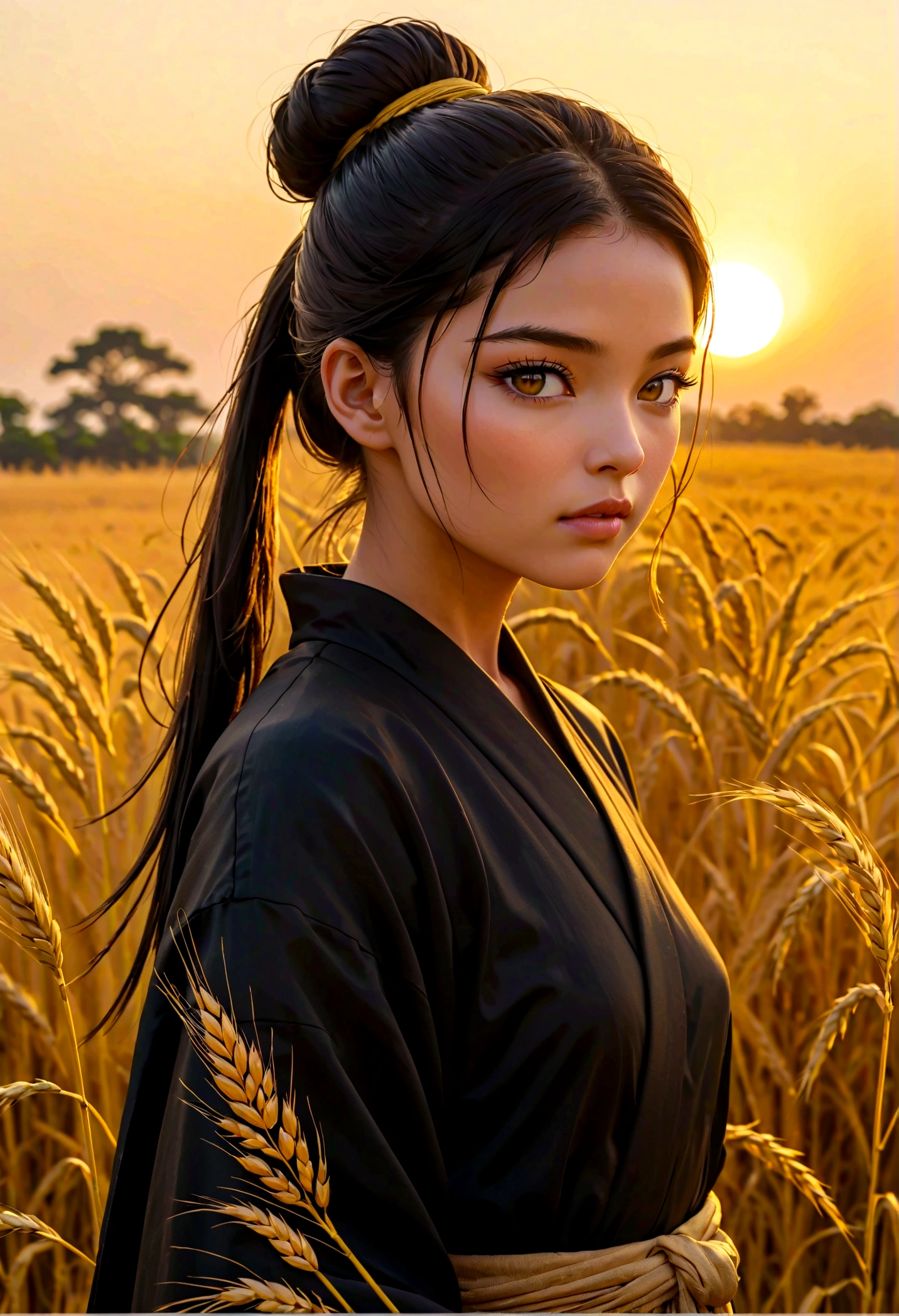 A girl stood waist-deep in a wheat field with an expressionless face., Phnom Penh Black Kimono, Her hair is tied into a ponytail, Yellow eyes, The setting sun shines in her eyes, The light falls on her face, half side facing camera