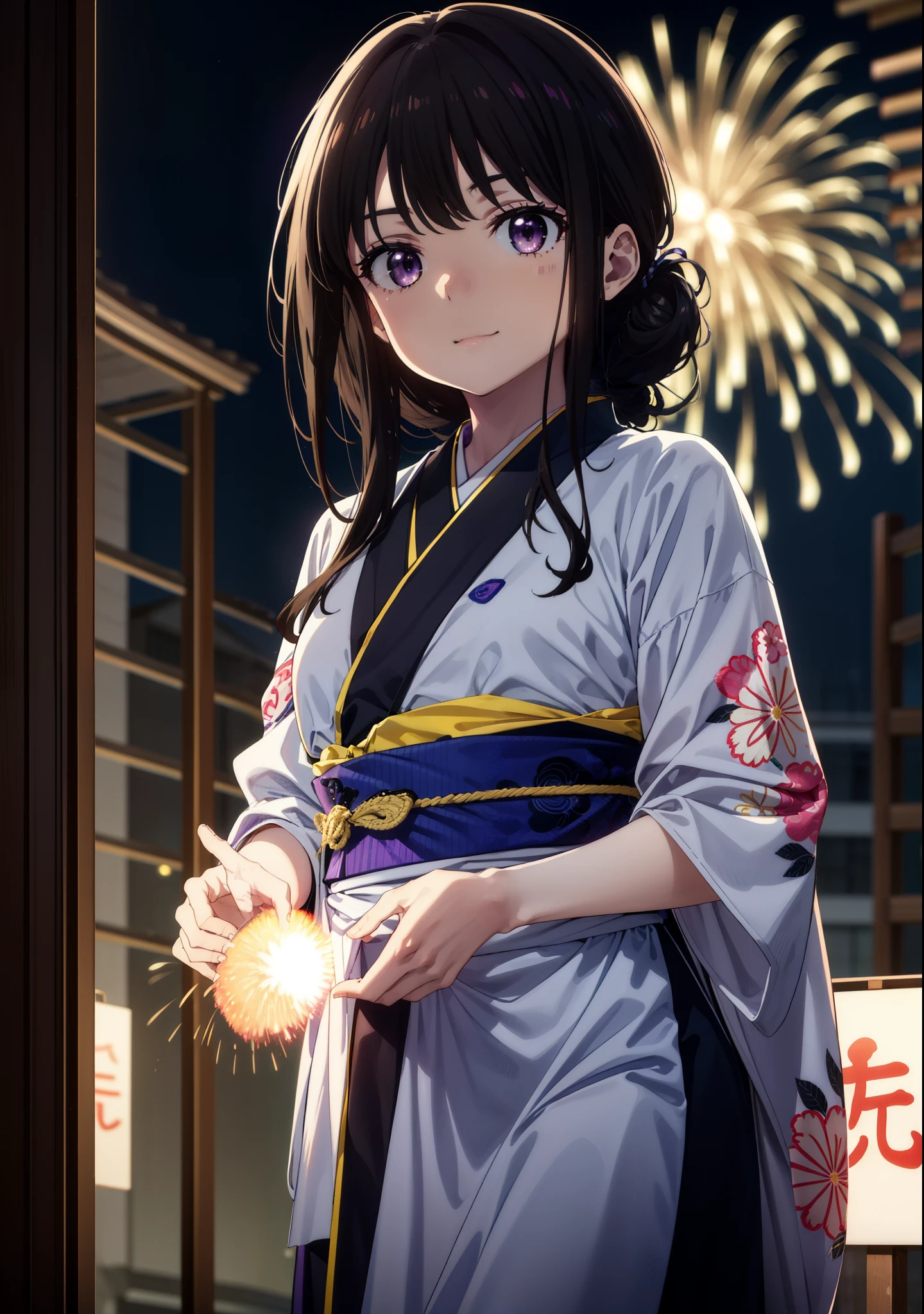 Takiuchi, Check it out,One Girl, Long Hair, bangs, Black Hair, (Purple eyes:1.2),Flower Hair Ornaments,hair tied back,smile,blush,Embarrassing,Blue kimono,Blue long skirt,Sandals,日本のfestival,夏festivalの屋台、Red Lantern,Fireworks in the night sky,The place is a fireworks display,Time is night,whole bodyがイラストに入るように,Looking up from below、Walking,
break outdoors, festival,shrine,
break looking at viewer, whole body,Upper Body, (Cowboy Shot:1. 5)
break (masterpiece:1.2), highest quality, High resolution, unity 8k wallpaper, (shape:0.8), (Beautiful details:1.6), Highly detailed face, Perfect lighting, Extremely detailed CG, (Perfect hands, Perfect Anatomy),