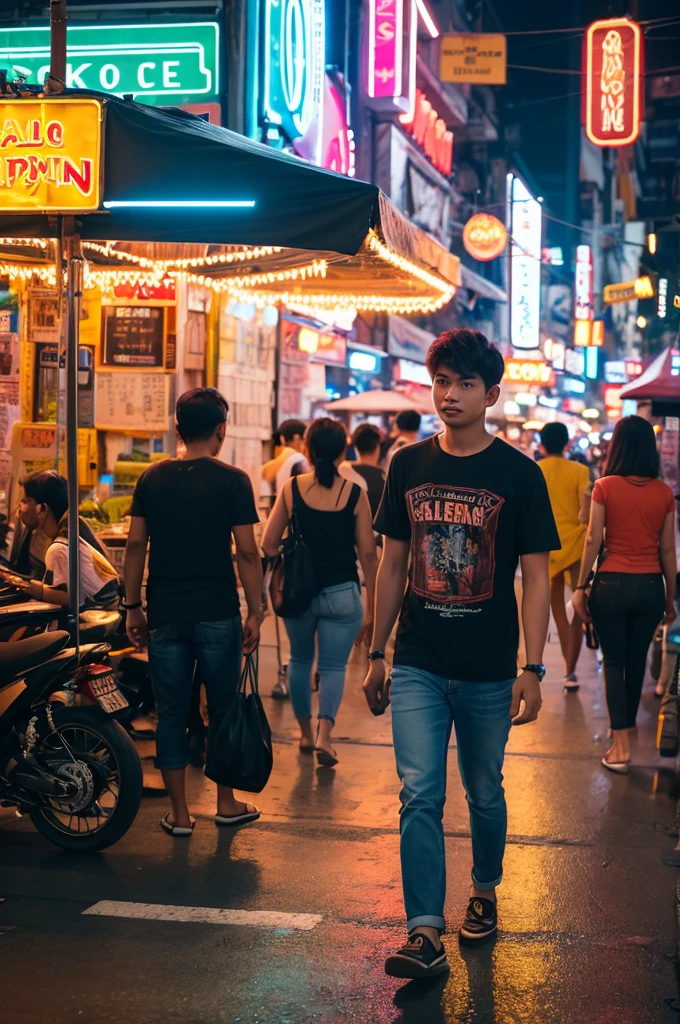 Good looking young man、T-Shirts、jeans、Downtown Bangkok、Stalls on both sides of the road、night、Neon Signs、high resolution、High definition