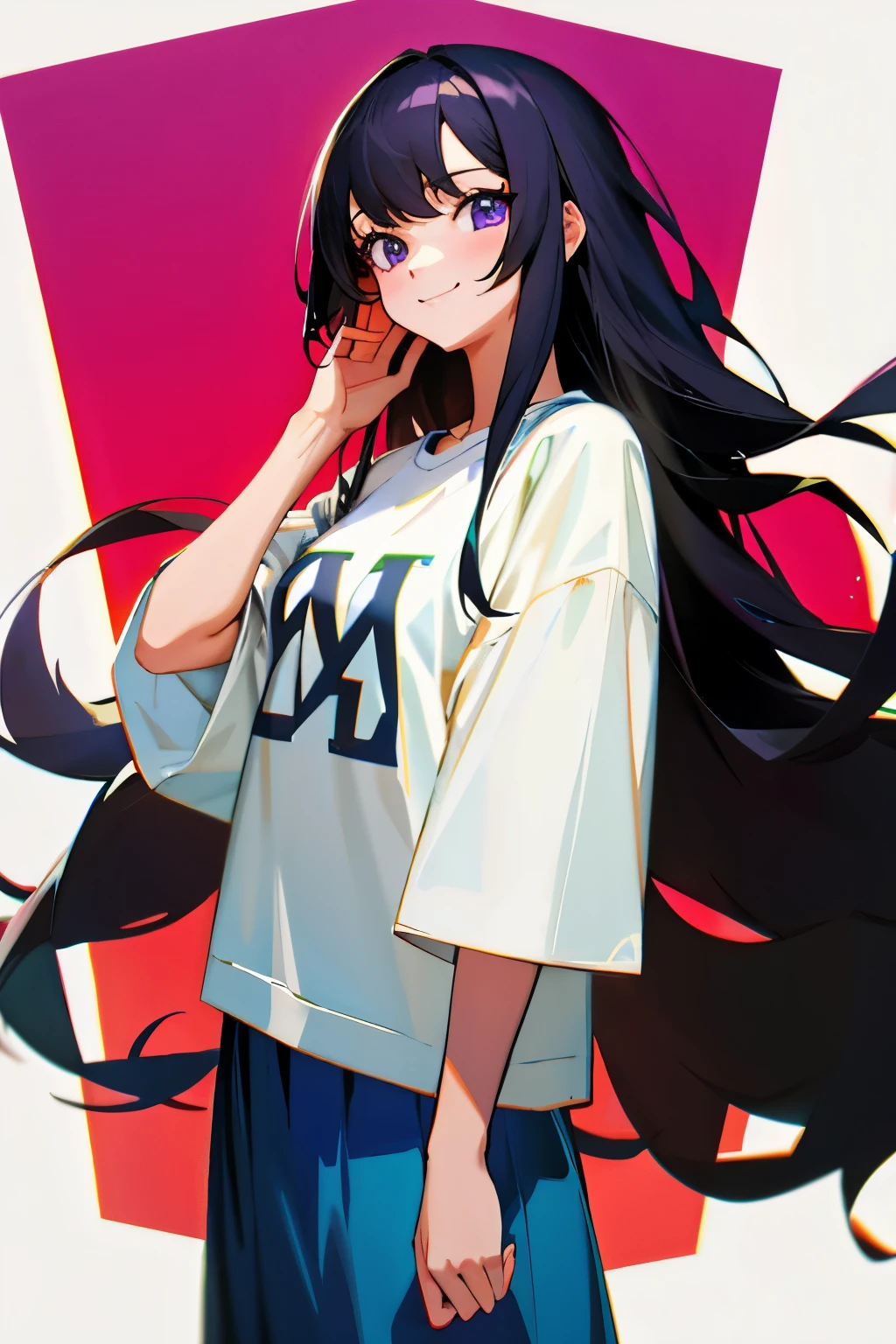 (masterpiece), ((sfw)), best quality, expressive eyes, perfect face, , (1girl,, young adult, beautiful,), solo, black long hair, purple eyes BREAK (fair skin,), cowboy shot, smile, oversized t-shirt BREAK, long skirt BREAK, standing BREAK, soft smile, :), in love, beautiful face, in love face, in love smile.