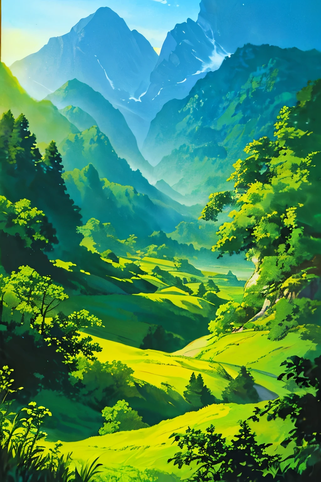 A masterpiece painting, rendered in exquisite 4K quality, showcases an enchanting scene of trees nestled within a mountain range. With a cinematic angle and dynamic framing, this 1990's vintage looking cel-shaded anime-inspired artwork exhibits ultra-detailed and photo-realistic depictions of the verdant foliage, towering cliffs, and the ever-changing play of light on the landscape. The attention to detail in the brushstrokes and the vibrant colors creates a truly captivating and immersive experience for the viewer.