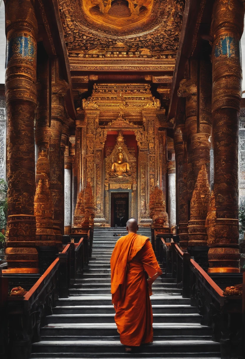 temple，monk, Ink style