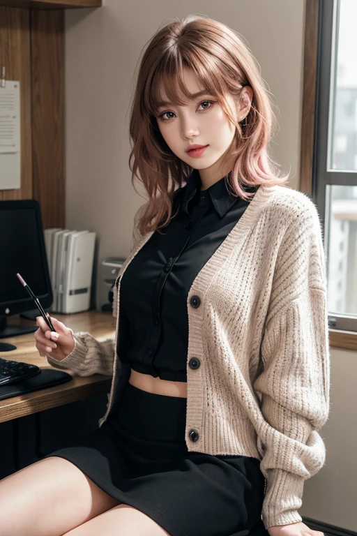 (RAW Photos, highest quality), (Realistic, photo-Realistic:1.3), masterpiece, Very delicate and beautiful, Very detailed, CG, Unity , 2k wallpaper, wonderful, In detail, A light smile, Very detailed CG Unity 8k wallpaper, Large file size, Super detailed, High resolution, Absurd, Soft Light, (((Medium Hair:1.3), Short bangs, Pink Hair, Floating hair NovaFrogStyle)), Beautiful detailed girl, Detailed fingers, Very detailed eyes and face, Beautifully detailed nose, Beautiful fine details, Long eyelashes, Light on the face, View Viewer, (Mouth closed:1.2), One girl, cute, young, Mature Face, (whole body:1.3), ((Small breasts)), Realistic face, Realistic body, Beautiful thigh details, (Ulzzang-6500-v1.1:0.8), suit, Cross-strap clothing, Collared shirt, Open clothes, At work, Details Office, Open cardigan, Black knee socks, mini skirt, Black underwear, Unbuttoned shirt,