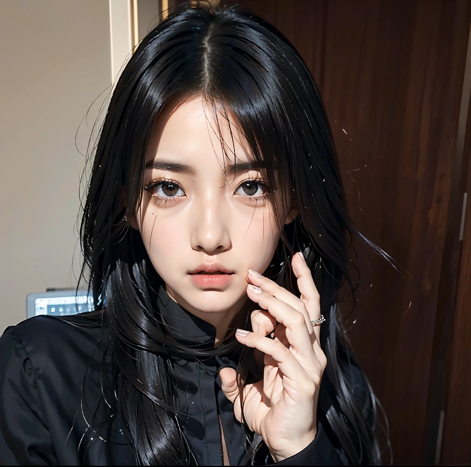 There is a woman with long black hair and a black shirt., Brutal Korean Goth Girl, Best Face, With long hair and sharp eyes, Dilabba Dilmurat, korean, She has black hair with bangs., 18 years, 귀엽고 사랑스러운 korean 얼굴, 1 goth girl, she has black hair