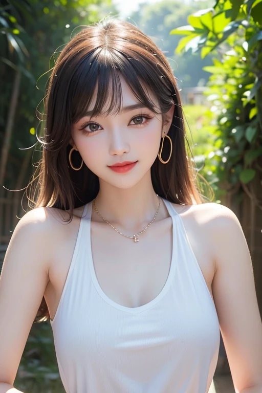 very beautiful girl;
Age: from 18-20 years old;
skin: milk white, rosy and flawless, smooth texture, detail;
hair: long, yellow red, smooth, bồng bềnh dưới sunlight, detail;
eye: blue, charming, trang điểm high solution, true, long lanh, damp, siêu detail;
mí eye: delicate, đẹp perfect, detail;
eyebrow: cong, dear, high solution, detail;
face: beautiful like a fairy, holiness, light makeup, cân đối perfect, đẹp đến từng detail, tiêu điểm cực kỳ high solution;
nose: xinh, lovely, cao, detail;
cheekbone: prominent, detail;
lip: charming, (bright red lipstick), son bóng lovely, detail;
răng: Beaming smile, Lily-white, detail;
body: full of life, Tighten clothes, perfect;
accessory: chain, earring, bracelet;
Image quality: masterpiece, ((Lifelike:1.3)), Highest quality, non-NSFW, 8K CG HD, high solution, Super nice graphics, professional, detail, colourful, ultrafine, advanced techniques, RAW true, ((High resolution:1.3));
light: complex color combinations, black gold rays;
sunlight: twinkle, illuminate the girl's body;
((ảnh cận cảnh face cô gái)); ((wear random colored tank tops:1.2)); quần jean ngắn; random sized breasts;