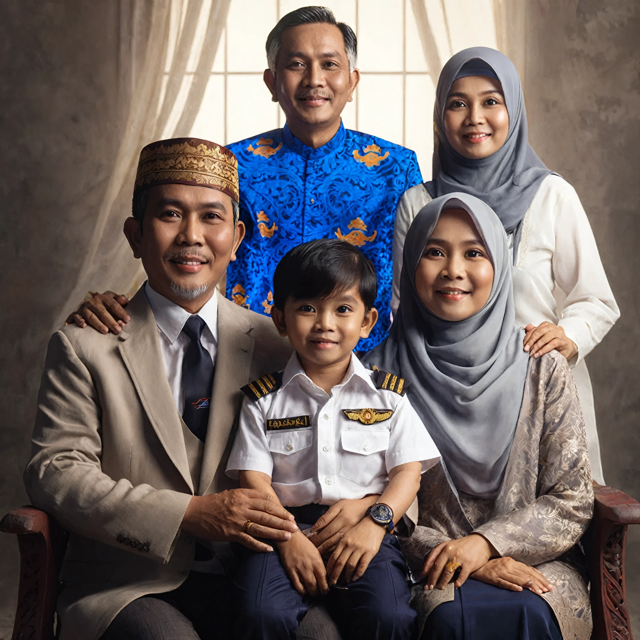 arafed family posing for a picture in a studio with a window, an indonesian family portrait, full protrait, portrait shot, family portrait, at sunrise, potrait, barong family, traditional art, classic portrait, portrait n - 9, photo portrait, happy family, family, protrait, by Basuki Abdullah, portrait picture, portrait