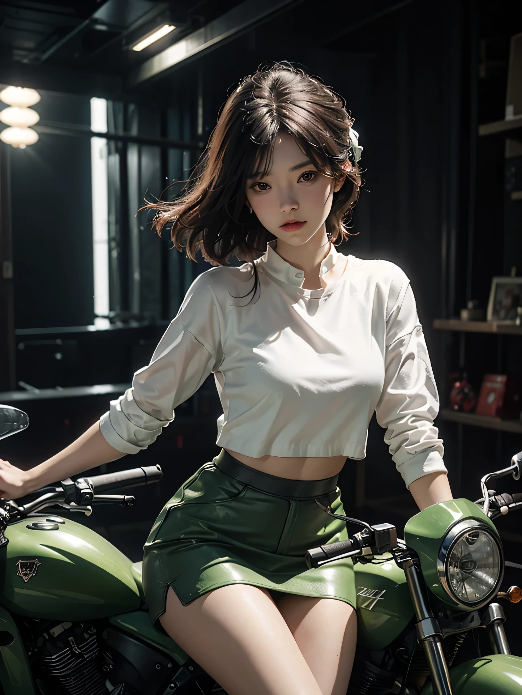 The highest image quality、Exceptional detail、超A high resolution、(Reality:1.4)、The best illustrations、Favor the details、Highly condensed 1girl、delicate and beautiful face、Dressed in black and green mechs、White underwear is visible from the miniskirt、Has a direction controller、Riding a red motorcycle、The background is the high-tech lighting scene of Tokyo。jumpy、Red Helmet、