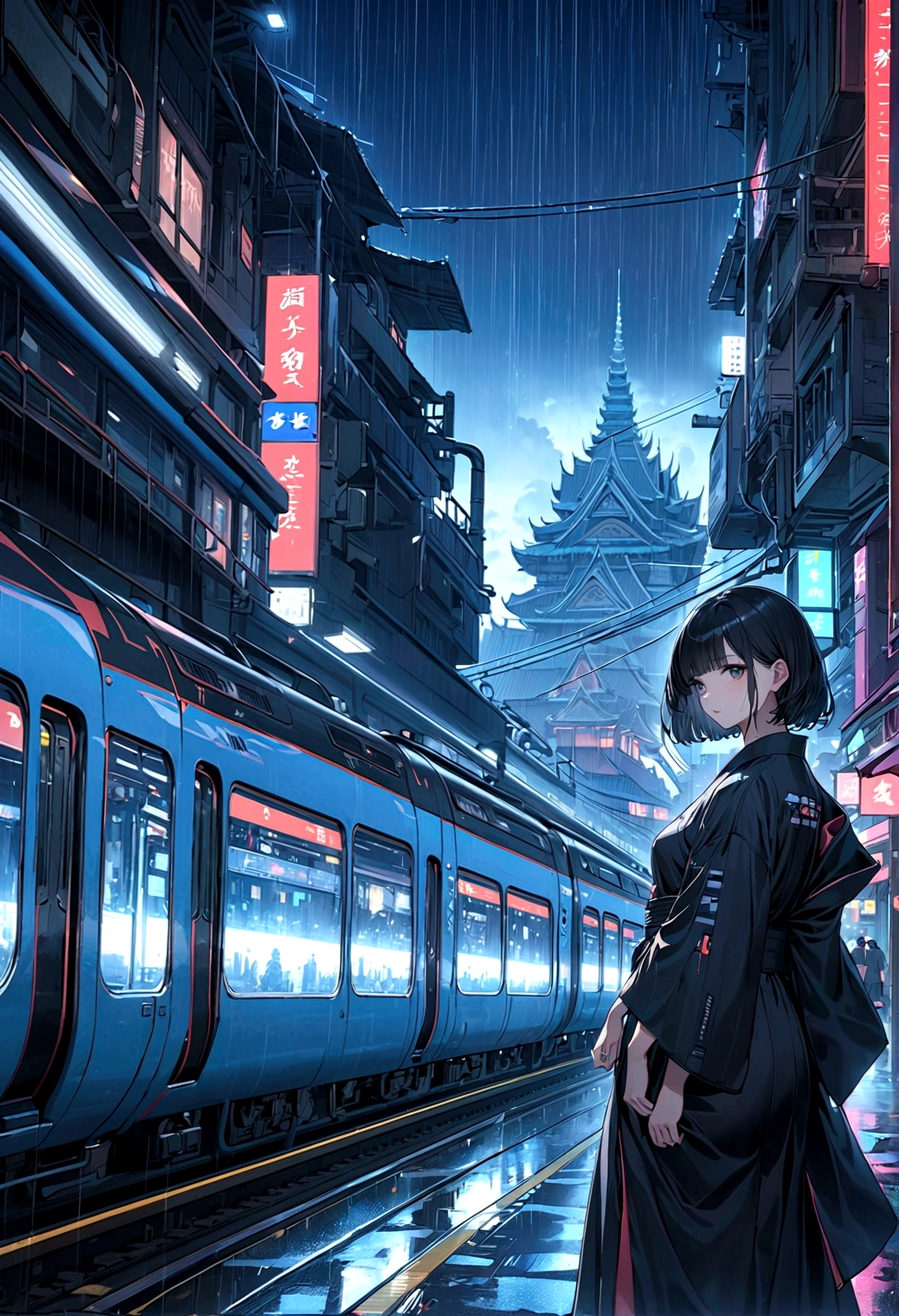 a girl, Phnom Penh Black Kimono, Future Era City, architecture街道, futuristic train line, Cyberpunk, architecture, night, european city, rain, ((masterpiece)),((best quality)),((High Detail)),((Practical,))