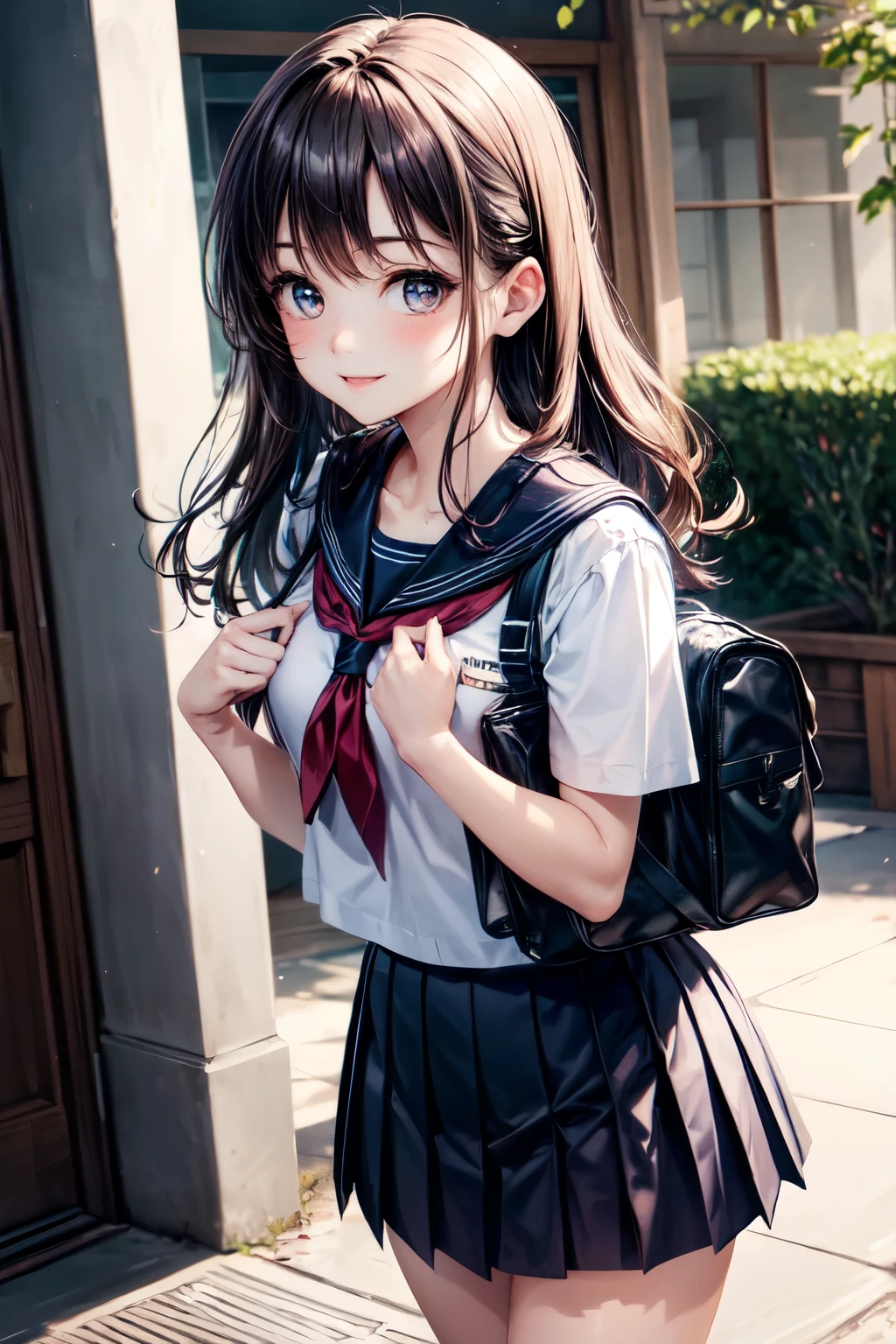 very cute and beautiful girl,(highly detailed beautiful face and eyes),(smile),happy,looking at viewer, black hair,serafuku,short sleeve,(pleated navyblue mini skirt),standing,holding school bag, school courtyard, (best quality,masterpiece),absurdres,highres,ultra-detailed,extremely detailed,32k,8k resolution, intricate details,cinematic scene,detailed background,solo,dynamic angle,perfect hands,