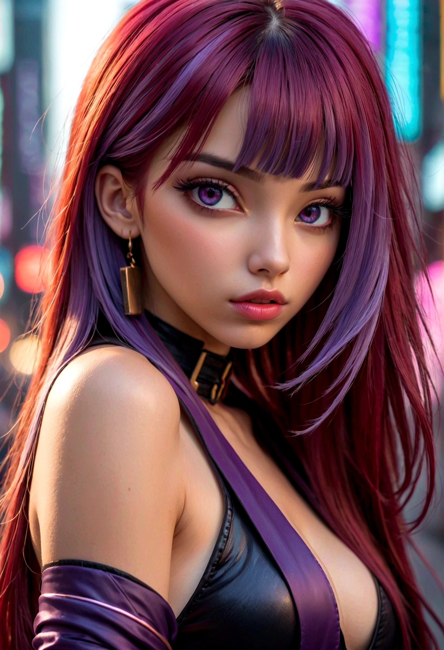 1 Girl, Bangs, Weaving, Wide sleeves, Hair accessories, Japanese clothes, Red belt, (Purple Hair:1.2), Very long hair, Straight Hair, looking at the audience, Very detailed background, (Photo-realistic:1.2), delicate eyes, Red Eyeshadow, Depth of Field,thigh, (Urzan-6500:0.7), Upper Body, (Solitary:1.2), (Cyberpunk City:1.1), cleveage, (Finger on lips:1.1),shiny skin