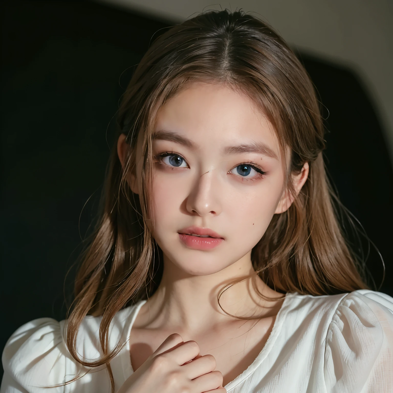1 woman,face,white background,Cinemamatica Matrix 5, beautiful, White , big nose, curly eyelashes, natural red cheeks, 20 year old girl, his eyes are blue. That person's hair has volume. vintage costumes, blonde hair (blonde hair)