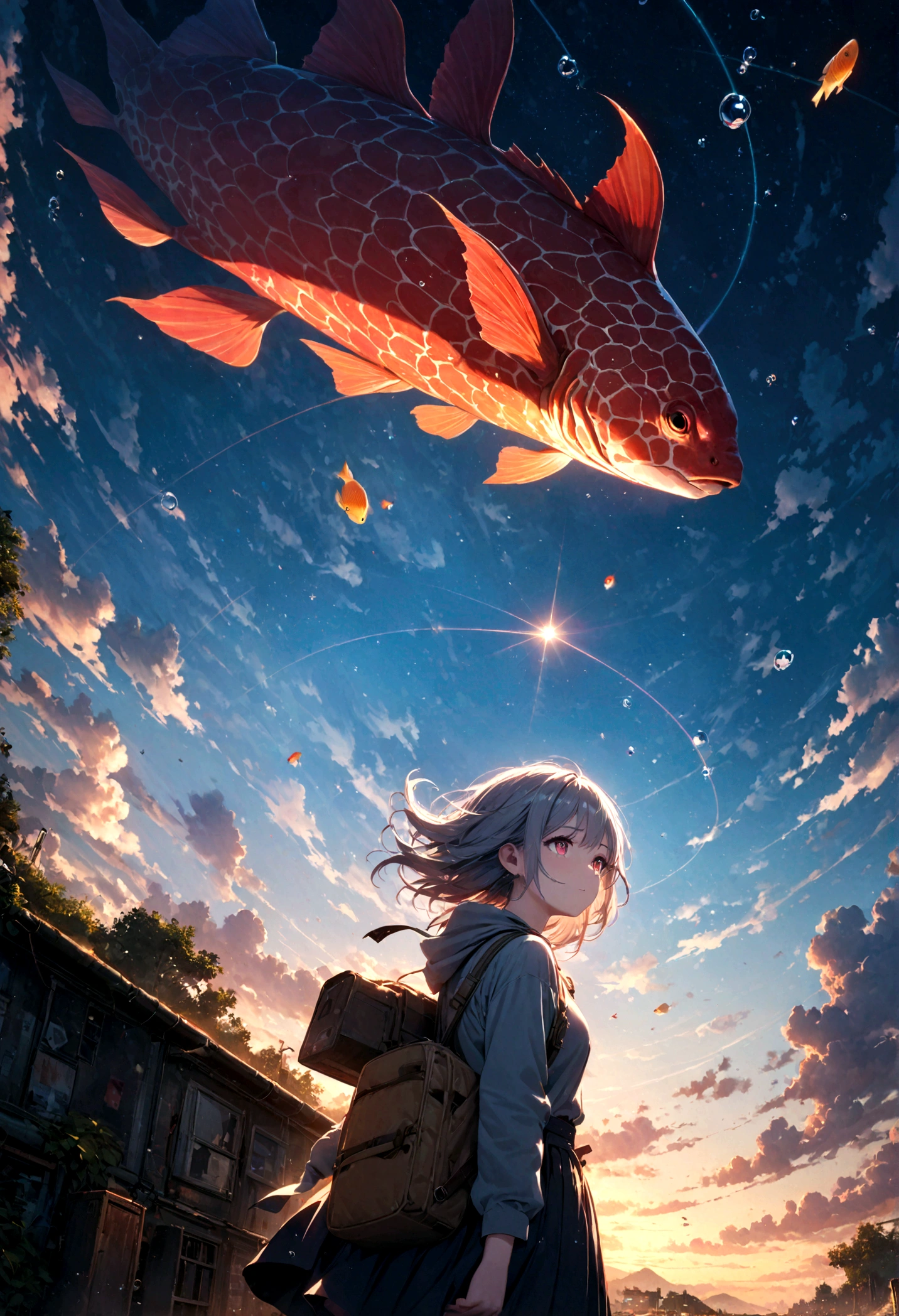 female\(student, JK, short silver floating hair, cosmic colored eyes, black , pale skin, tired face with no shine in the eyes\) is looking up at the sky, many cute small goldfishes with shining red scales are swimming in the air, crystal clear bubbles as if underwater are shining here and there in the sky, beautiful sky, beautiful clouds, there are puddles at ground and the landscape is reflecting beautifully, Looking up from the back alley of a cramped slum to the wide open sky, summery flowers are blooming here and there, you can see the flowing wind shining, there is the noonday moon and noonday stars in the sky,from below, BREAK ,quality\(8k,wallpaper of extremely detailed CG unit, ​masterpiece,hight resolution,top-quality,top-quality real texture skin,hyper realisitic,increase the resolution,RAW photos,best qualtiy,highly detailed,the wallpaper,cinematic lighting,ray trace,golden ratio\),(long shot),wide shot,landscape,