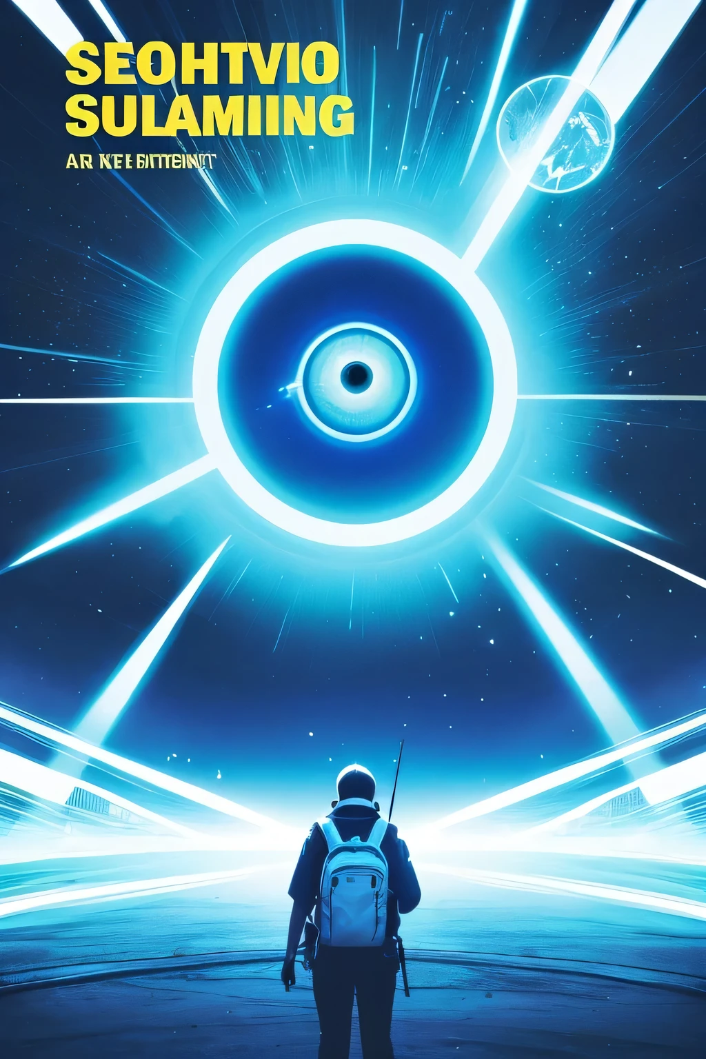 "I want to create a poster that is full of vitality and uplifting atmosphere. The theme is' Eye of Warning: Intelligent Campus Security System '. It should feel light, bright, and emit positive energy. The style is blue and white, with no people appearing, bright and bright."
