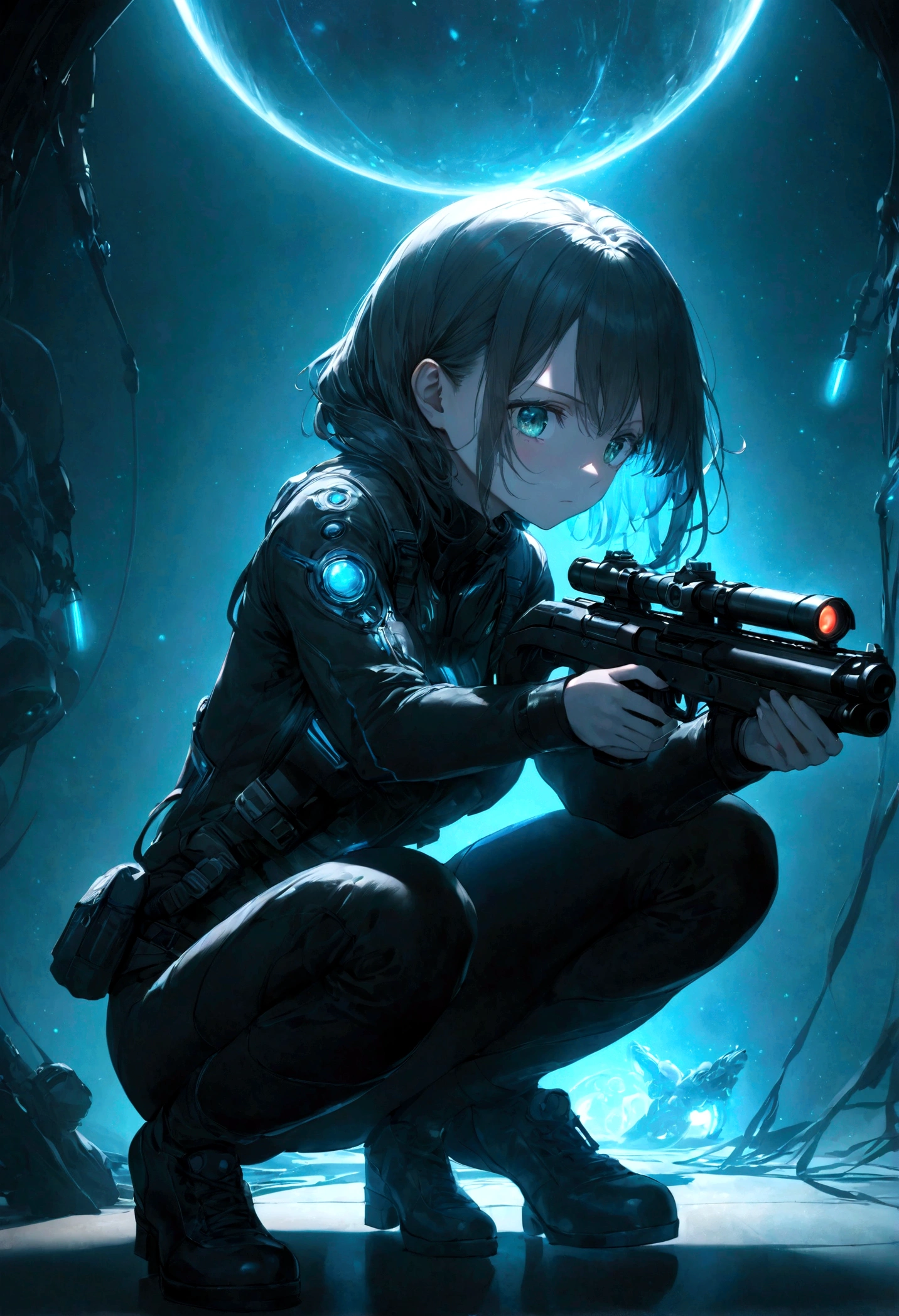 (Granular:0.5), Movie,girl, space, Serious, delicate eyes, Delicate face, Detailed futuristic clothing, Lamps in clothes, (Aiming the gun:1.1), (hide:1.1), (Squat, looking off to the side:1.1), Volumetric Lighting, isolation, fear, Dim Lights, Red bioluminescence detail, Green bioluminescence detail, Blue bioluminescence detail