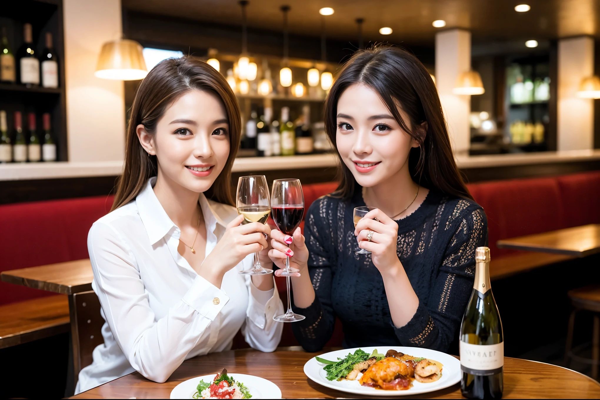((highest quality、8k、masterpiece:1.3))、1 male、1 female、spouse、Beautiful couple、smile、full-course dinner、 (Slim face), (the body is スリム), (Brown Hair), (Shortcuts), テーブルの上のwine glass、Put the light on your face、 Amazing view of the sunset sky and clouds、smileの美しさ、Shortcuts, (Age 35), 39 years old, Appetizers、Italian food、Wine bottle、Champagne、sparkling wine、Long sleeve shirt、dress、Attractive beauty、restaurant, Nova Frog Style, actress, model, Upper Body, White wine, red wine, wine glass,