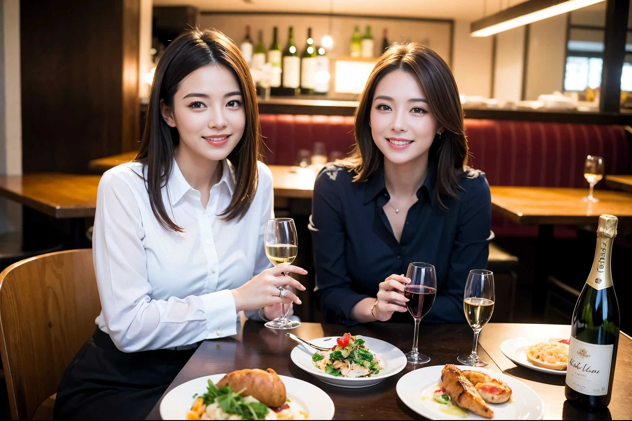 ((highest quality、8k、masterpiece:1.3))、1 male、1 female、spouse、Beautiful couple、smile、full-course dinner、 (Slim face), (the body is スリム), (Brown Hair), (Shortcuts), テーブルの上のwine glass、Put the light on your face、 Amazing view of the sunset sky and clouds、smileの美しさ、Shortcuts, (Age 35), 39 years old, Appetizers、Italian food、Wine bottle、Champagne、sparkling wine、Long sleeve shirt、dress、Attractive beauty、restaurant, Nova Frog Style, actress, model, Upper Body, White wine, red wine, wine glass,