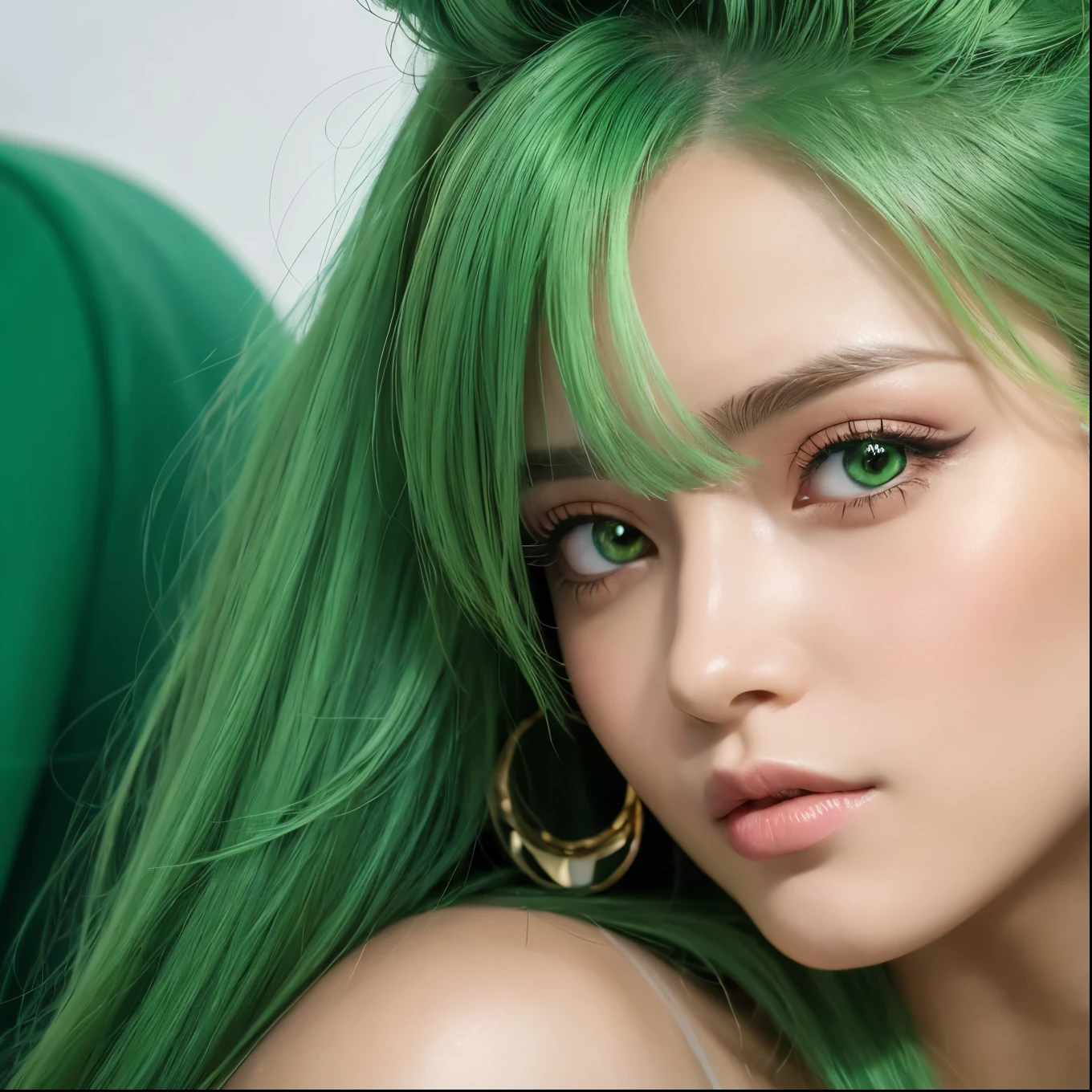 Anime, 1980, close-up, 1 Beautiful woman,green hair, Gold earring, Off-the-shoulder T-shirt top, Eye Detail,facial details