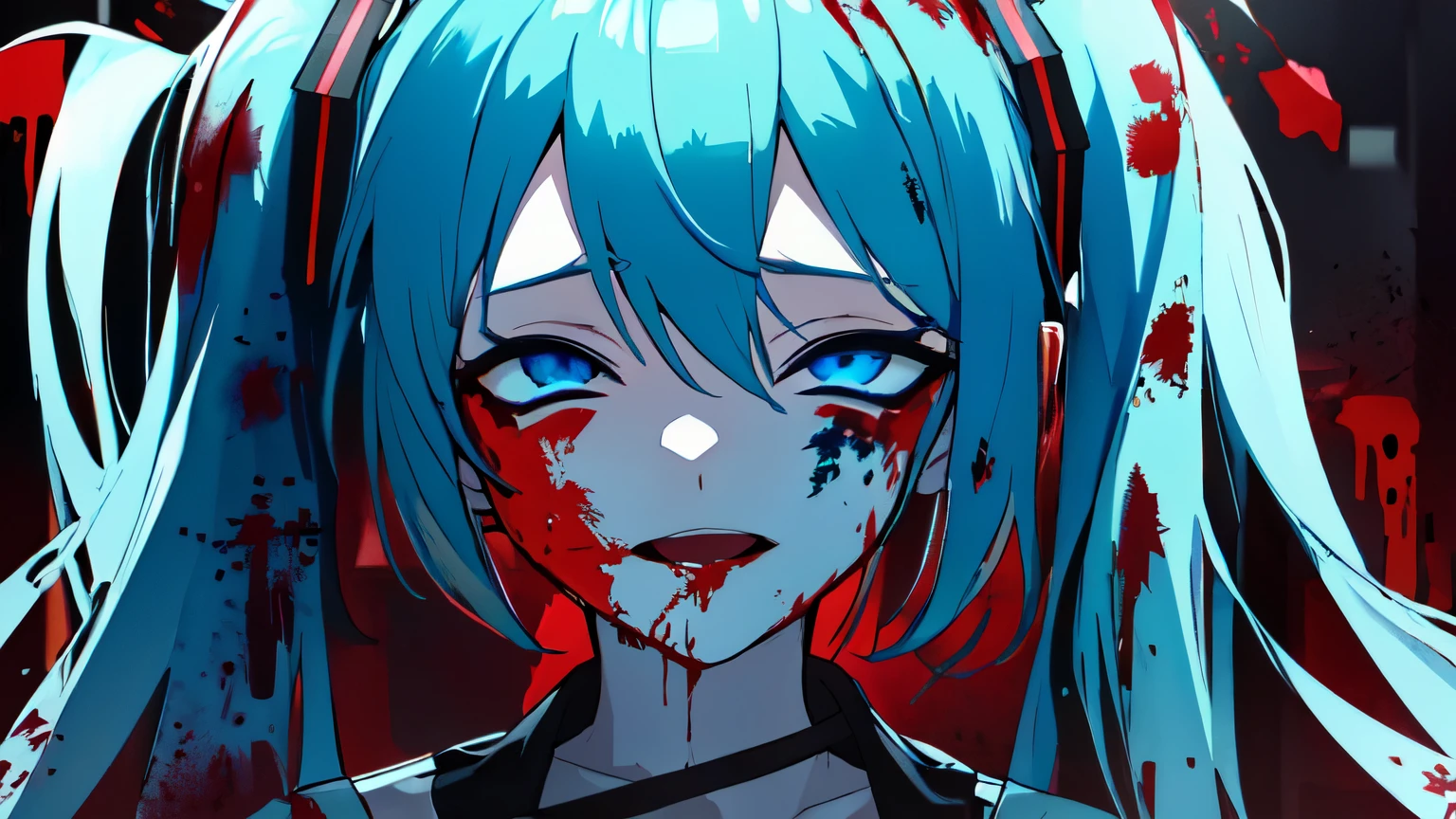 Blue Skin、Pale skin、Blue Skin、masterpiece,high quality,最high quality,4K,Very detailed,4K,Sharpen your focus,(face),head,(Glowing Eyes),(Blood splatter:1.7),Red light,笑face,big 笑face,tooth,psycho 笑face,ゲスface,Dark city background,darkness,night,(close),Good Eyes, good teeth,Hatsune Miku、Messy Hair、