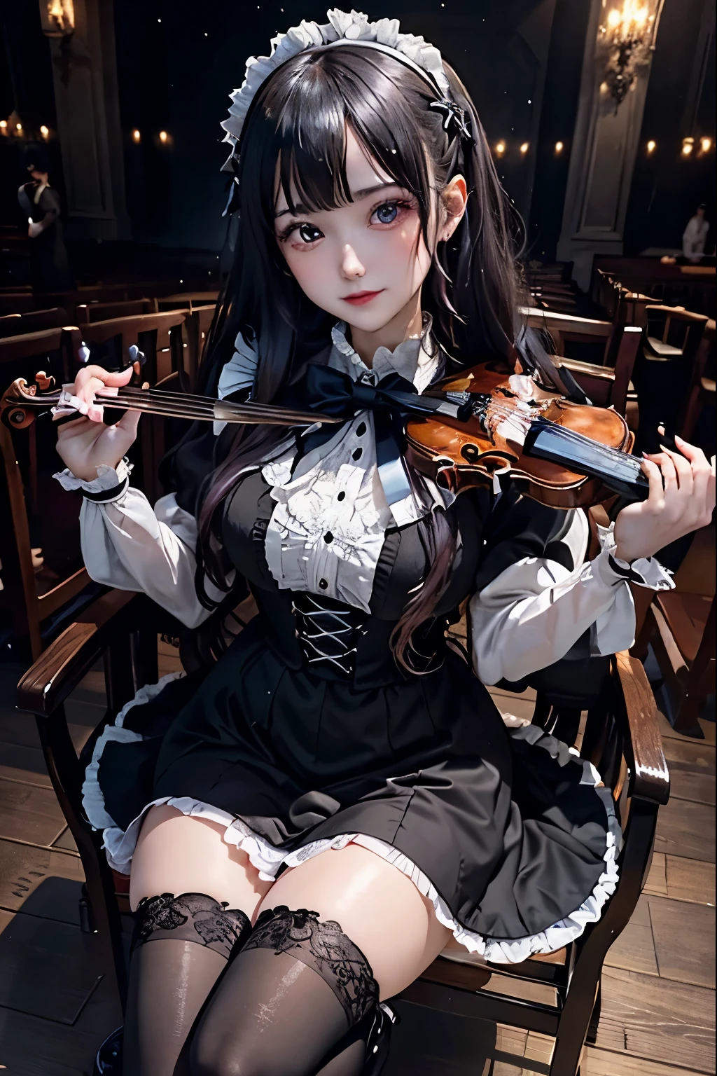 ハードDark Gothicメイク、Deep Night Sky、Horror、Black dark eyeshadow、sad、Good skin radiance、Dark Gothicメイク、Dark smile、palace、24-years-old、Embarrassed look、Dark Gothic、Obscene language、highest quality、Drunk face、紫のMaid clothes、Mysterious、Noble、sexy、Loving smile、Right blue eye, Left eye is red、Platform Heel Shoes、Heavy makeup、Gothic ta Clothing、Silver Hair、Long Hair Straight Hair、Cute Gothic Loliress、Beautiful Face、elegant features、Fascinating face、Stained glassが背景、Chest glistening with sweat、The room is dark、gothic long dress、Bell Sleeves、Wizard Sleeve、Decadent look、Sexually excited expression、Glossy thighs wet with water、Thighs that are wet and shiny with oil、Background of a room full of roses、The embroidery is pink、The dress has pink embroidery、Thigh-high socks、Knee-high socks、Gentle expression、Dark black eyeshadow、Stained glassと薔薇背景、Female Duo、Female couple、dark church background、Stained glass、Black metal world、Dark Castle、Slender body、gothic long dress、Maid clothes、Victorian dresses、Her thighs glisten with sweat、My body is wet and shiny、Lots of glitter on the thighs、My thighs are sticky from sweating、Sweat glistens on the thighs, The whole body is sweaty and shiny、Quite sweaty、My thighs are sweaty、My thighs are so wet、My thighs are shining with sweat、A lot of sweat glistens all over the body、Small breasts、Orchestra StageStage、Dynamic Angle、sitting on a gothic chair、Play the violin gracefully、With a violin、Press the violin strings、violinist、orchestra performance、Thin thighs、slender、Violin body and strings、Sit on a chair、pantyhose、Hime cut straight hair、
