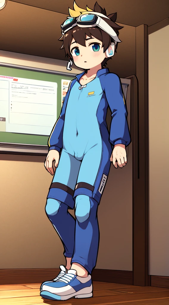2D Boy Shota,One-piece mountaineering suit,Put the headphones on your head,permanent,goggles,Cow ears,sports shoes,classroom,Walk
