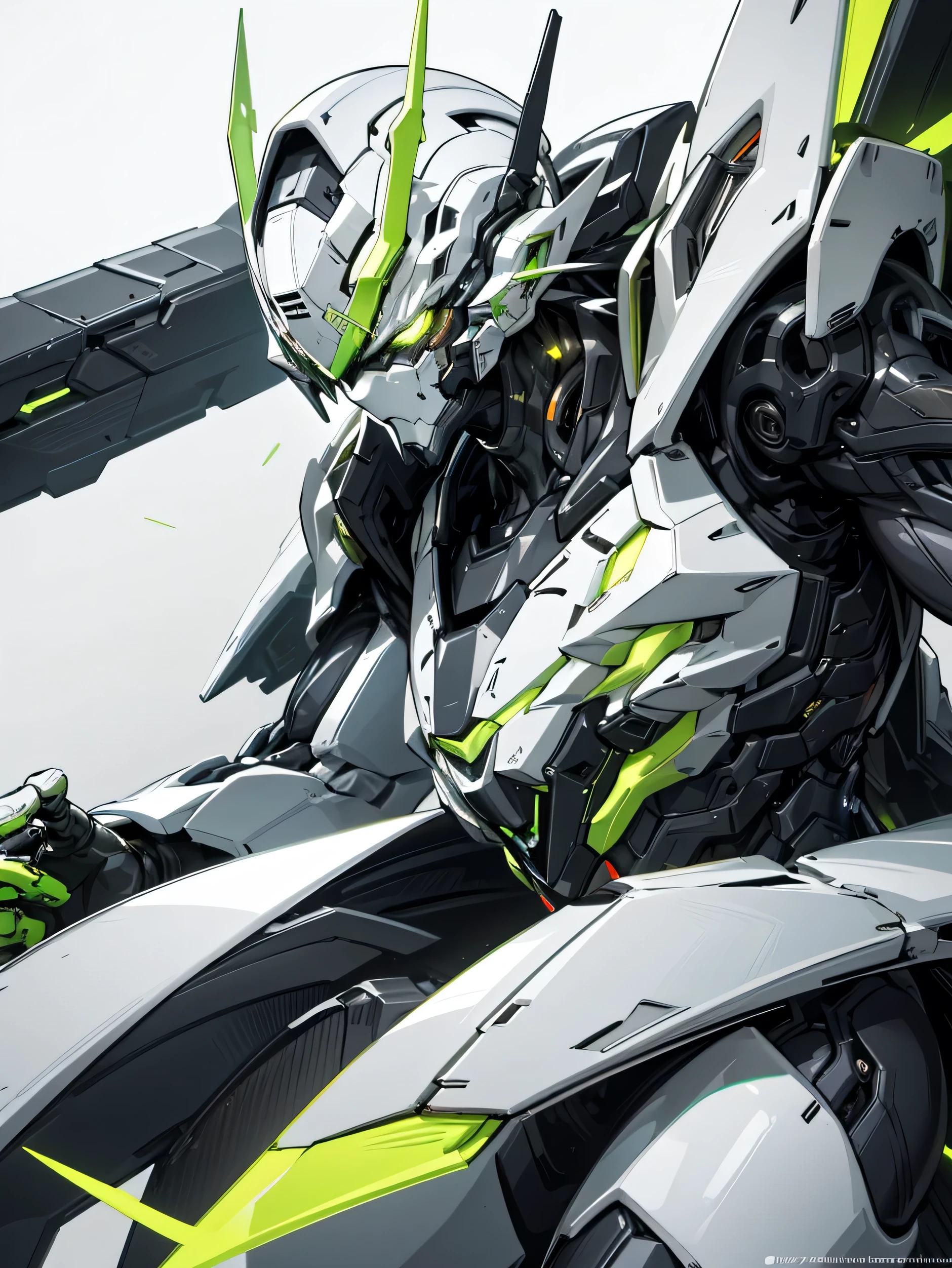 Close_up of on the left side pose,A man,in glasses,in a mecha warfare polycarbonate body suit,with detailing green and black and white matte skin, with clear transparent full face on eyes part, full face helmet, mecha cyborg body, white null background lighting bokeh behind object