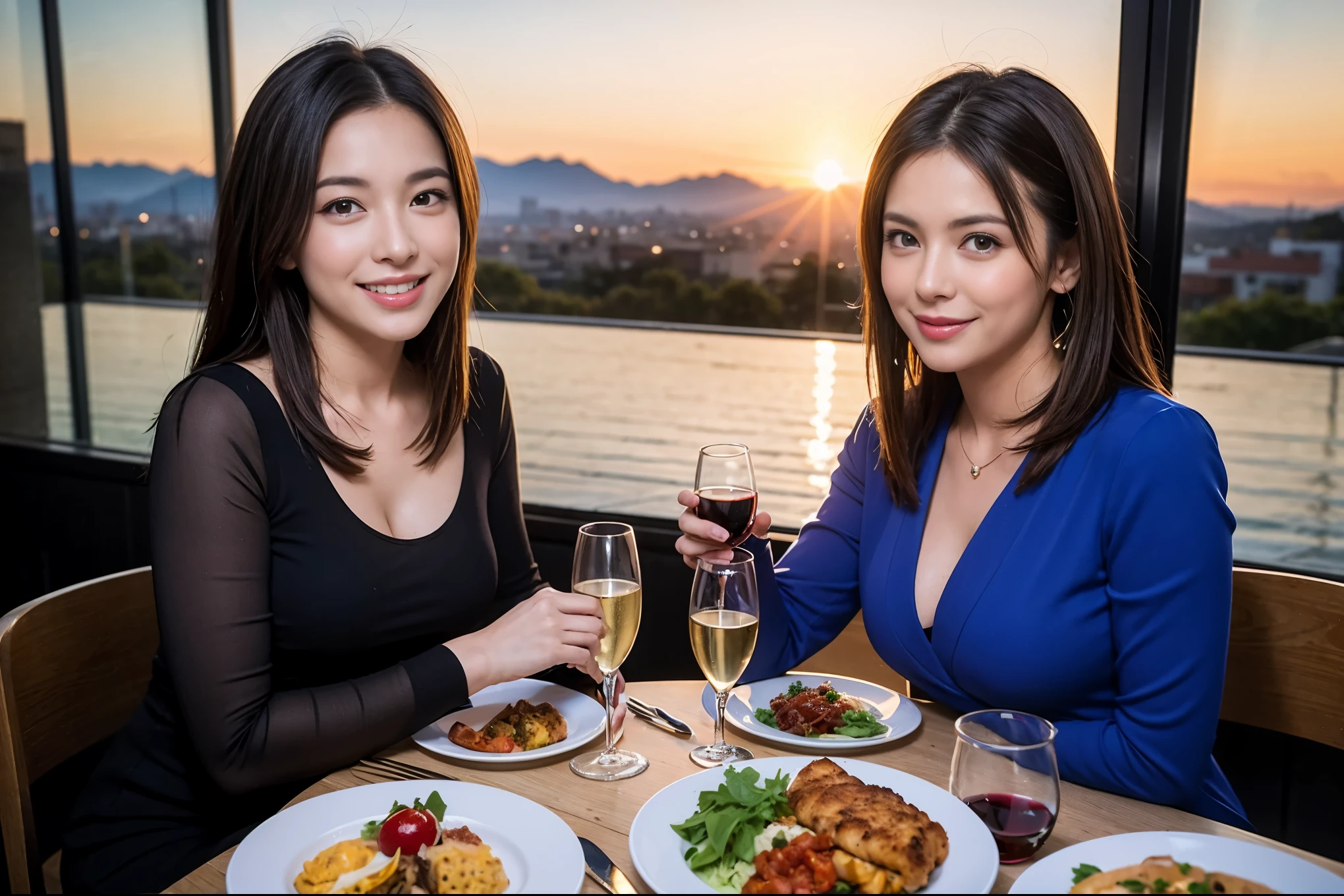 ((highest quality、8k、masterpiece:1.3))、1 male、1 female、Spouse、Beautiful couple、smile、 (Slim face), (the body is スリム), (Brown Hair), (Shortcuts), ((Bob Hale、Straight hair:1.2)), テーブルの上のwine glass、Please shine a light on my face、 Amazing view of the sunset sky and clouds、Amazing mountain views、smileの美しさ、Bright image、Blushing, Shortcuts,Bright Face、 (Age 35), 39 years old, red wine 、Appetizers、Italian food、Wine bottle、Champagne、sparkling wine、Long sleeve shirt、dress、Attractive beauty、restaurant, Nova Frog Style, actress, model, Upper Body, White wine, red wine, wine glass,