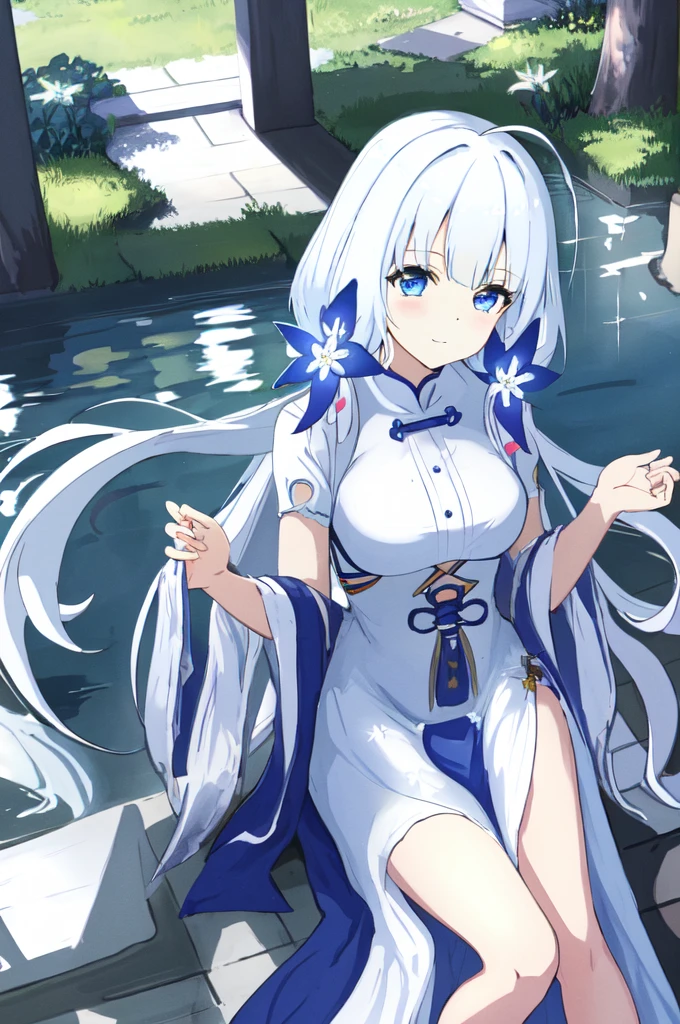 masterpiece, best quality, rays, column, tru illustrious (maiden lily's radiance) (azur lane), white hair, very long hair, blue eyes, hair ornaments, breasts