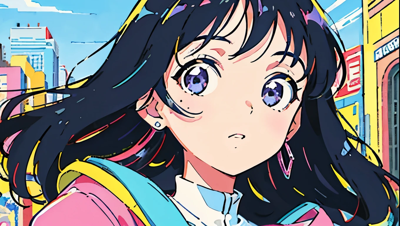 (flat color:0.9),(colorful:1.1),(masterpiece:1,2),retro,city pop, best quality, masterpiece, highres, original, extremely detailed wallpaper, looking at viewer,,,1girl,solo,Girl,Portrait