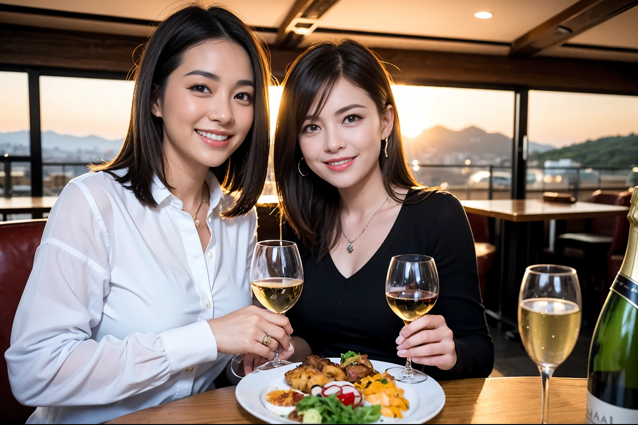 ((highest quality、8k、masterpiece:1.3))、1 male、1 female、Spouse、Beautiful couple、smile、 (Slim face), (the body is スリム), (Brown Hair), (Shortcuts), ((Bob Hale、Straight hair:1.2)), テーブルの上のwine glass、Please shine a light on my face、 Amazing view of the sunset sky and clouds、Amazing mountain views、smileの美しさ、Bright image、Blushing, Shortcuts,Bright Face、 (Age 35), 39 years old, red wine 、Appetizers、Italian food、Wine bottle、Champagne、sparkling wine、Long sleeve shirt、dress、Attractive beauty、restaurant, Nova Frog Style, actress, model, Upper Body, White wine, red wine, wine glass, 