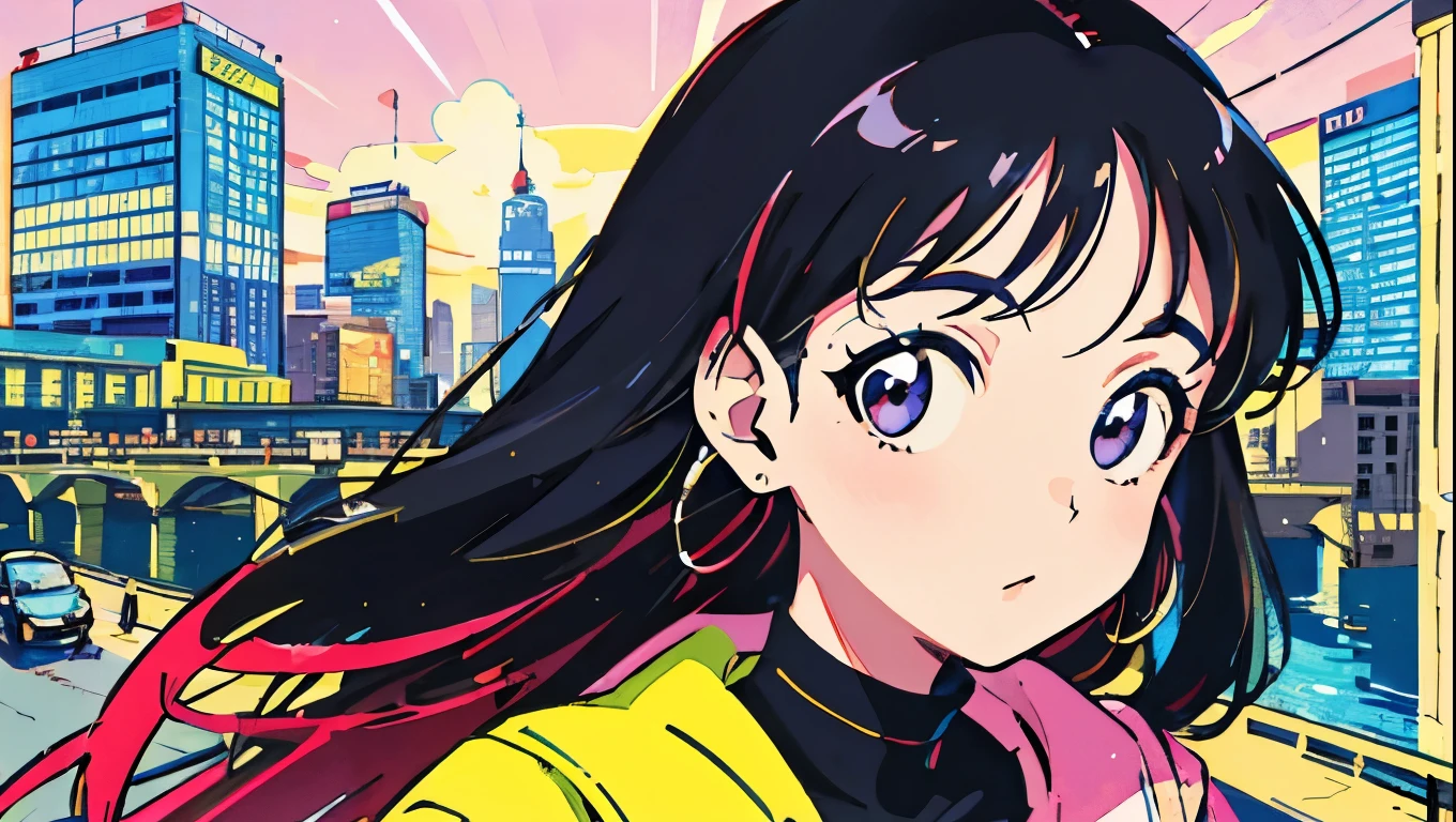 (flat color:0.9),(colorful:1.1),(masterpiece:1,2),retro,city pop, best quality, masterpiece, highres, original, extremely detailed wallpaper, looking at viewer,,,1girl,solo,Girl,Portrait