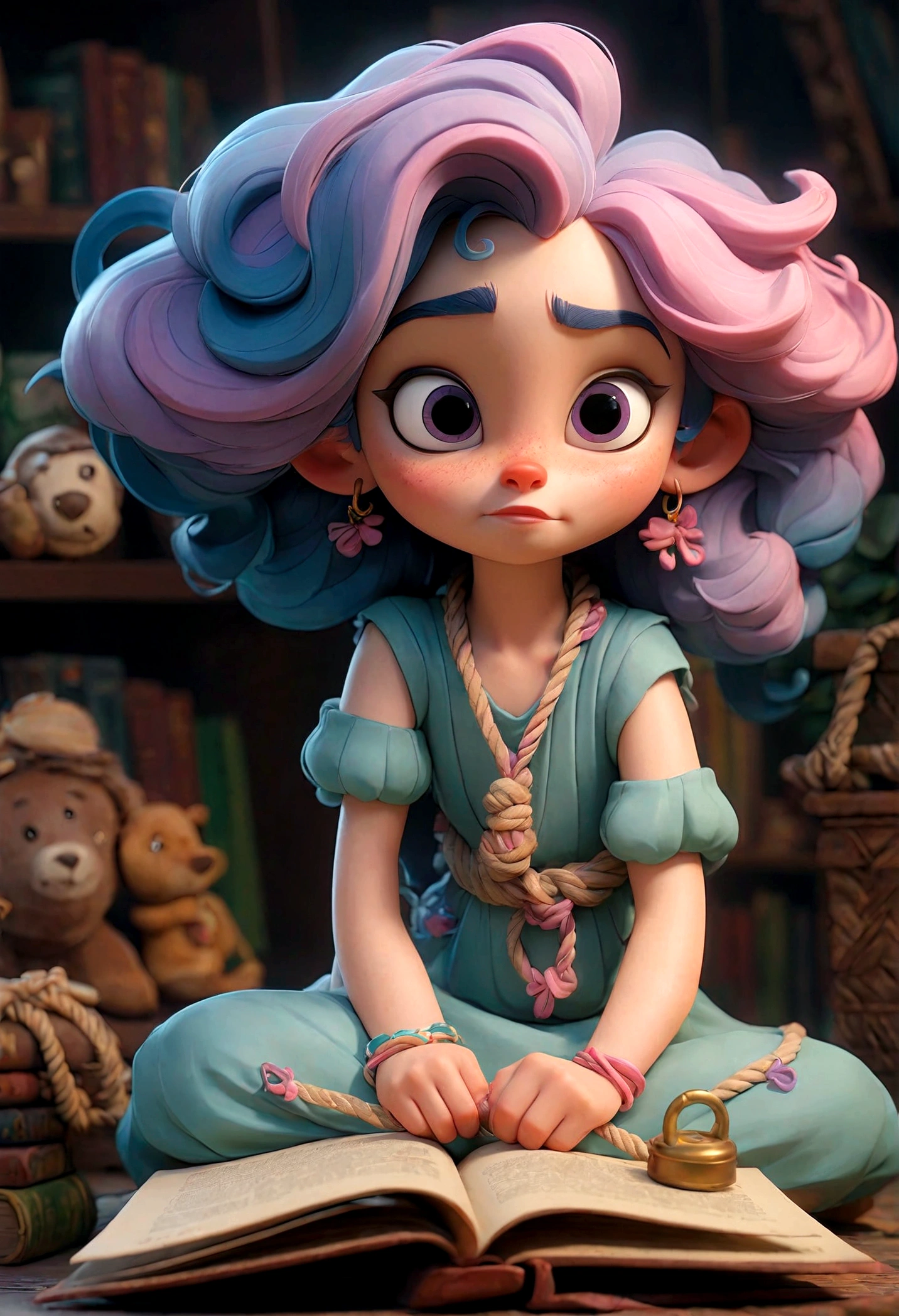 Children's book characters, 3D, A happy seven year old wavy-haired girl, (Blue Hair), Wearing a pink and lavender dress,A rope hangs around his neck,There is a key on it, She sat on the floor,A book on my lap