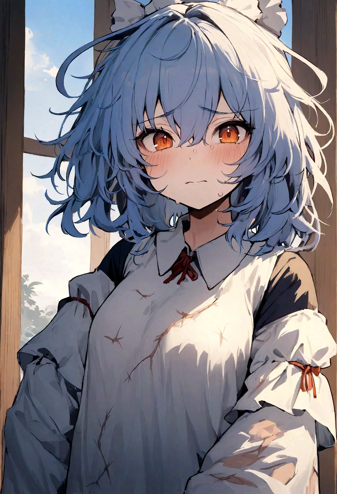 Masterpiece, high quality, girl, original character, OC, unique, touhou inspired. touhou, original character, navy blue hair, orange eyes, messy hair, scars all over her body, nervous