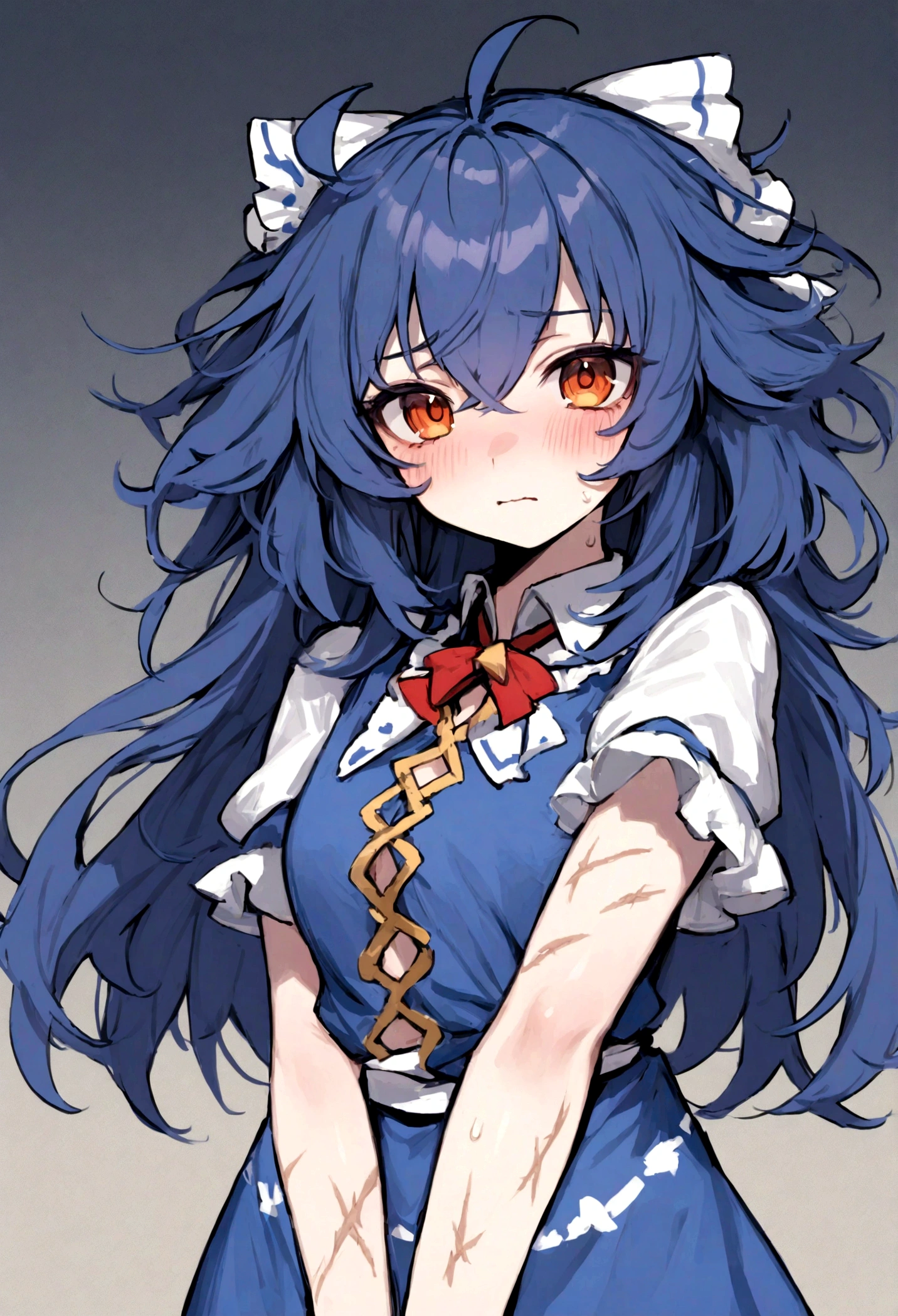 Masterpiece, high quality, girl, original character, OC, unique, touhou inspired. touhou, original character, navy blue hair, orange eyes, messy hair, scars all over her body, nervous