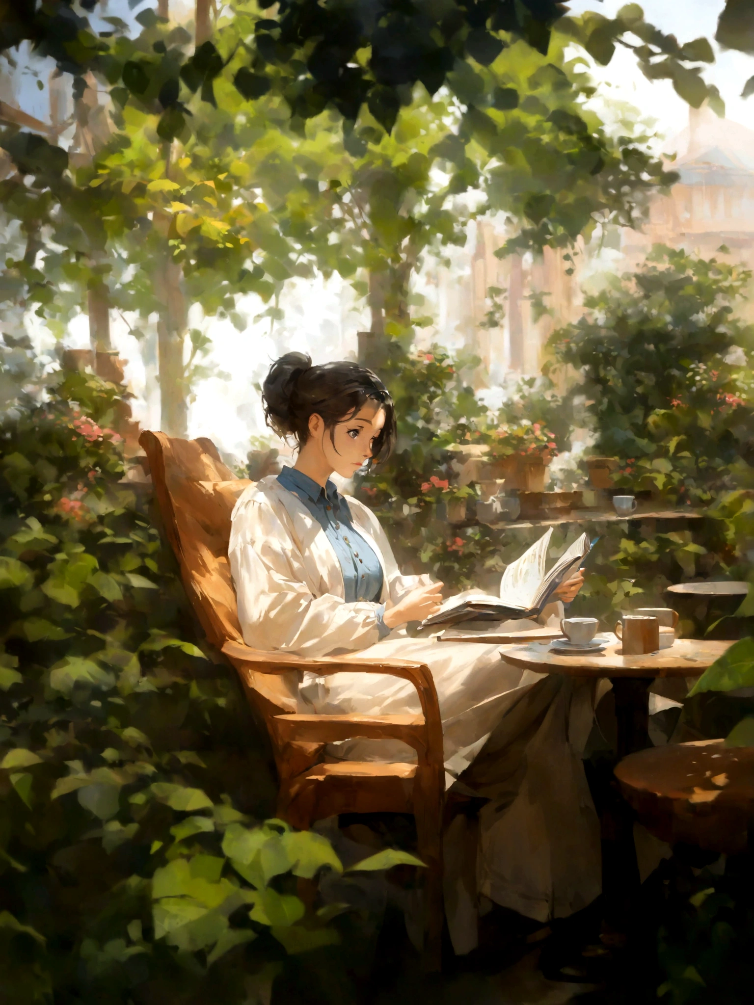 anime girl sitting in a chair reading a book in a garden, artwork in the style of guweiz, sitting in a cafe alone, mysterious coffee shop girl, sitting alone in a cafe, sitting in a cafe, cozy cafe background, painted in anime painter studio, relaxing concept art, makoto shinkai art style, by Yang J, makoto shinkai style