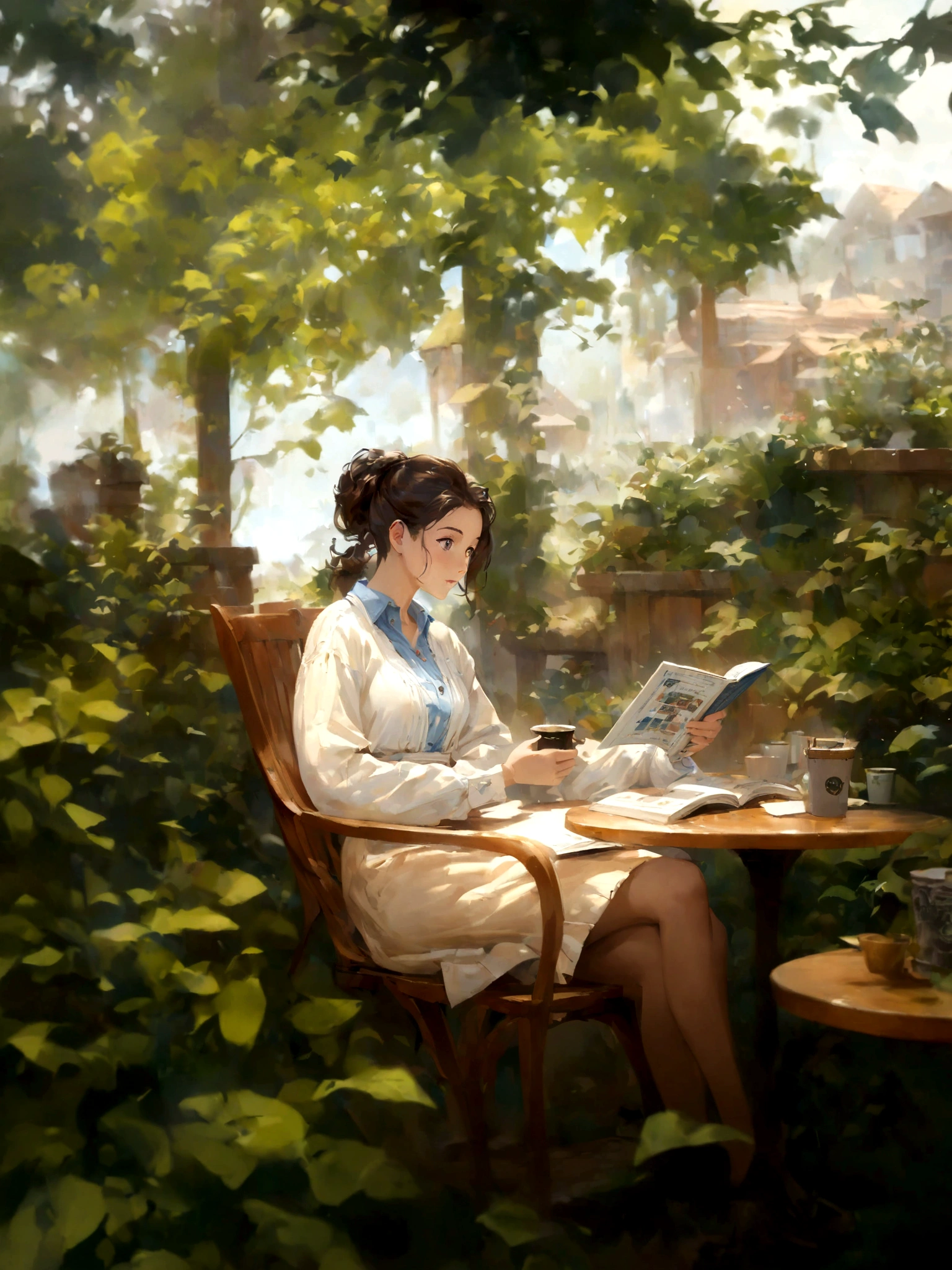 anime girl sitting in a chair reading a book in a garden, artwork in the style of guweiz, sitting in a cafe alone, mysterious coffee shop girl, sitting alone in a cafe, sitting in a cafe, cozy cafe background, painted in anime painter studio, relaxing concept art, makoto shinkai art style, by Yang J, makoto shinkai style
