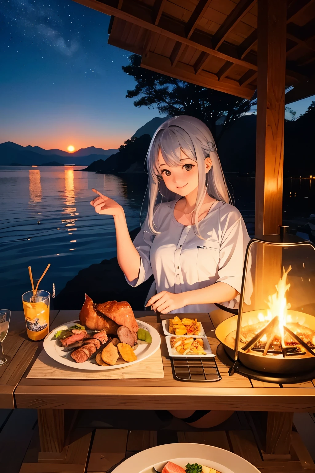 girl１people、Solo Camping、Seto Inland Sea coast、Under the moonlight、Staring at a bonfire、Delicious looking meat is being grilled、It is drawn with a touch reminiscent of an otherworldly anime.、smile、bangs、Silver Hair、summer、You can see the island in the distance、