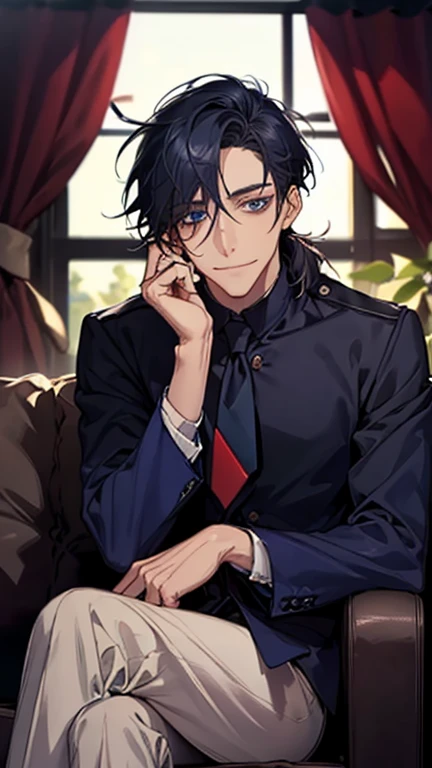 (highest quality,High resolution,masterpiece:1.2),Abstract,Masculine,Navy Blue Hair,Loose low ponytail,Tie your hair at the nape,Dark blue eyes,coat,,Dark blue gaze,Calm,quiet,A kind smile,Sitting on the couch,Mug
