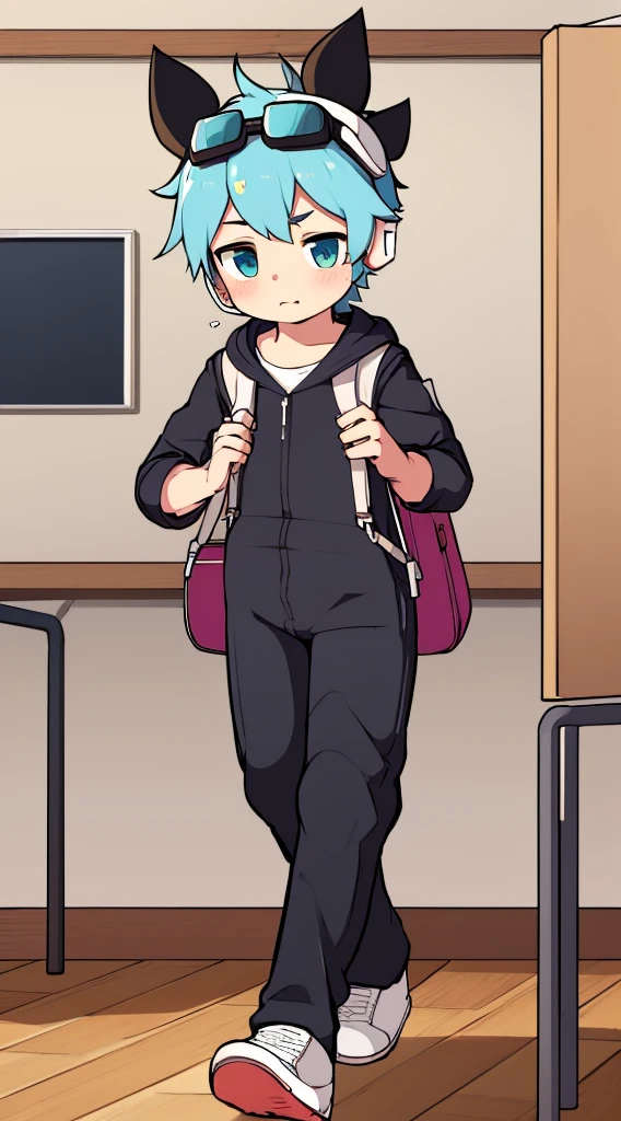 2D Boy Shota,One-piece mountaineering suit,Put the headphones on your head,permanent,goggles,Cow ears,sports shoes,classroom,Walk