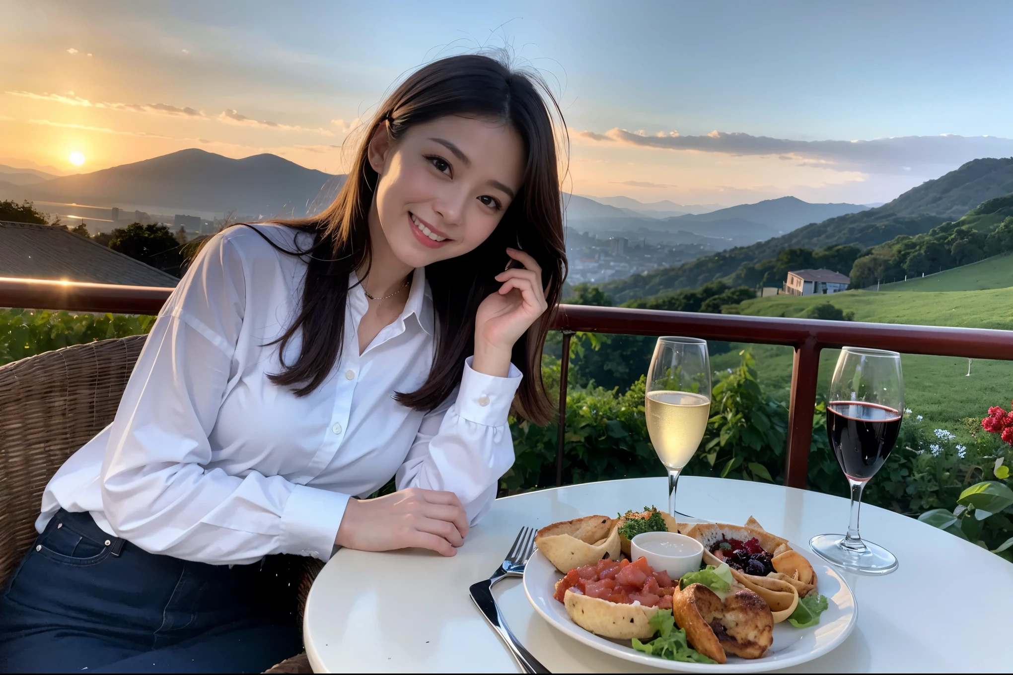 ((highest quality、8k、masterpiece:1.3))、1 male、1 female、Spouse、Beautiful couple、smile、 (Slim face), (the body is スリム), (Brown Hair), (Shortcuts), テーブルの上のwine glass、Please shine a light on my face、 Amazing view of the sunset sky and clouds、Amazing mountain views、smileの美しさ、Bright image、Blushing, Shortcuts,Bright Face、 (Age 35), 39 years old, red wine 、Appetizers、Italian food、Wine bottle、Champagne、sparkling wine、Long sleeve shirt、dress、Attractive beauty、restaurant, Nova Frog Style, actress, model, Upper Body, White wine, red wine, wine glass, 