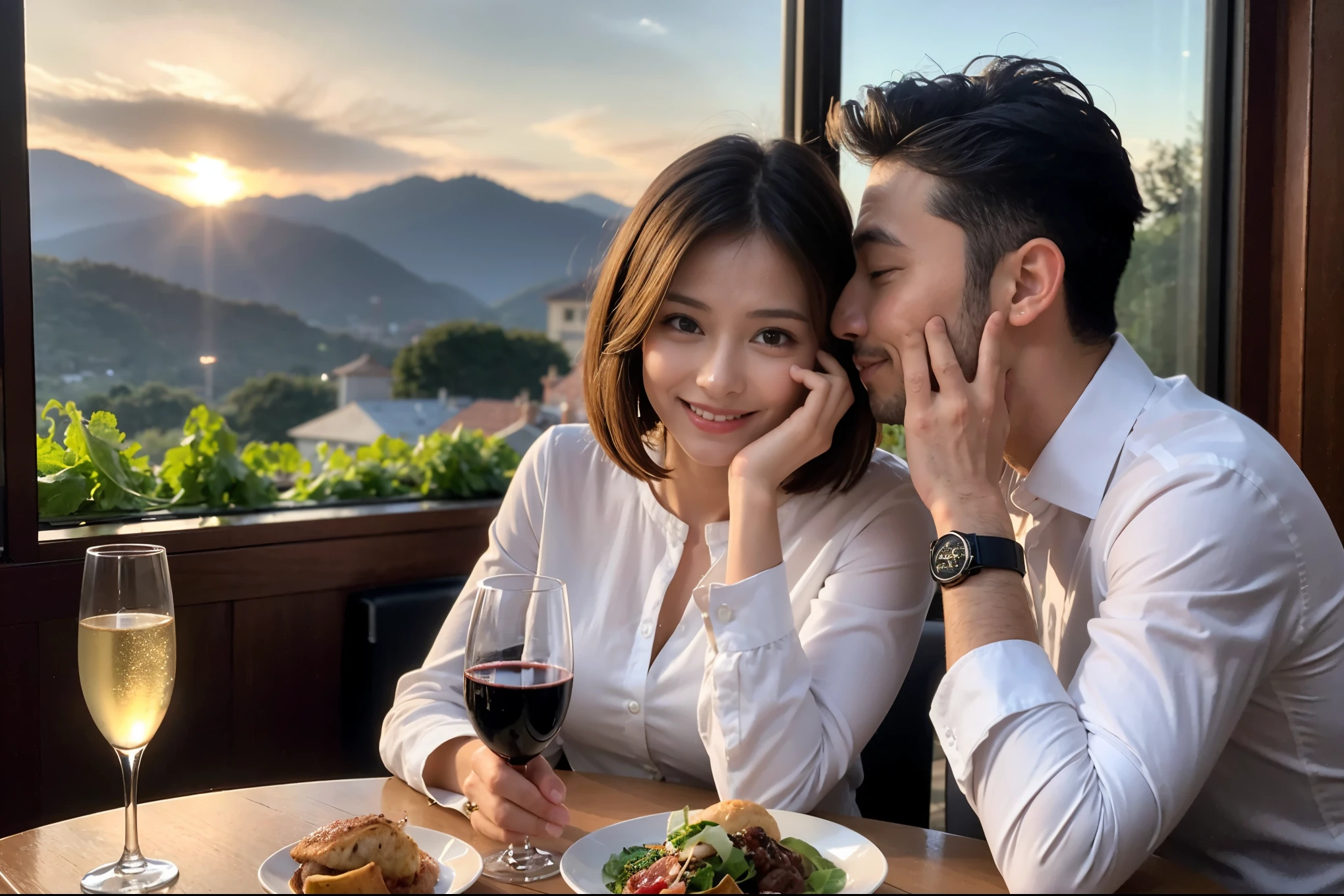 ((highest quality、8k、masterpiece:1.3))、1 male、1 female、Spouse、Beautiful couple、smile、 (Slim face), (the body is スリム), (Brown Hair), (Shortcuts), テーブルの上のwine glass、Please shine a light on my face、 Amazing view of the sunset sky and clouds、Amazing mountain views、smileの美しさ、Bright image、Blushing, Shortcuts,Bright Face、 (Age 35), 39 years old, red wine 、Appetizers、Italian food、Wine bottle、Champagne、sparkling wine、Long sleeve shirt、dress、Attractive beauty、restaurant, Nova Frog Style, actress, model, Upper Body, White wine, red wine, wine glass,