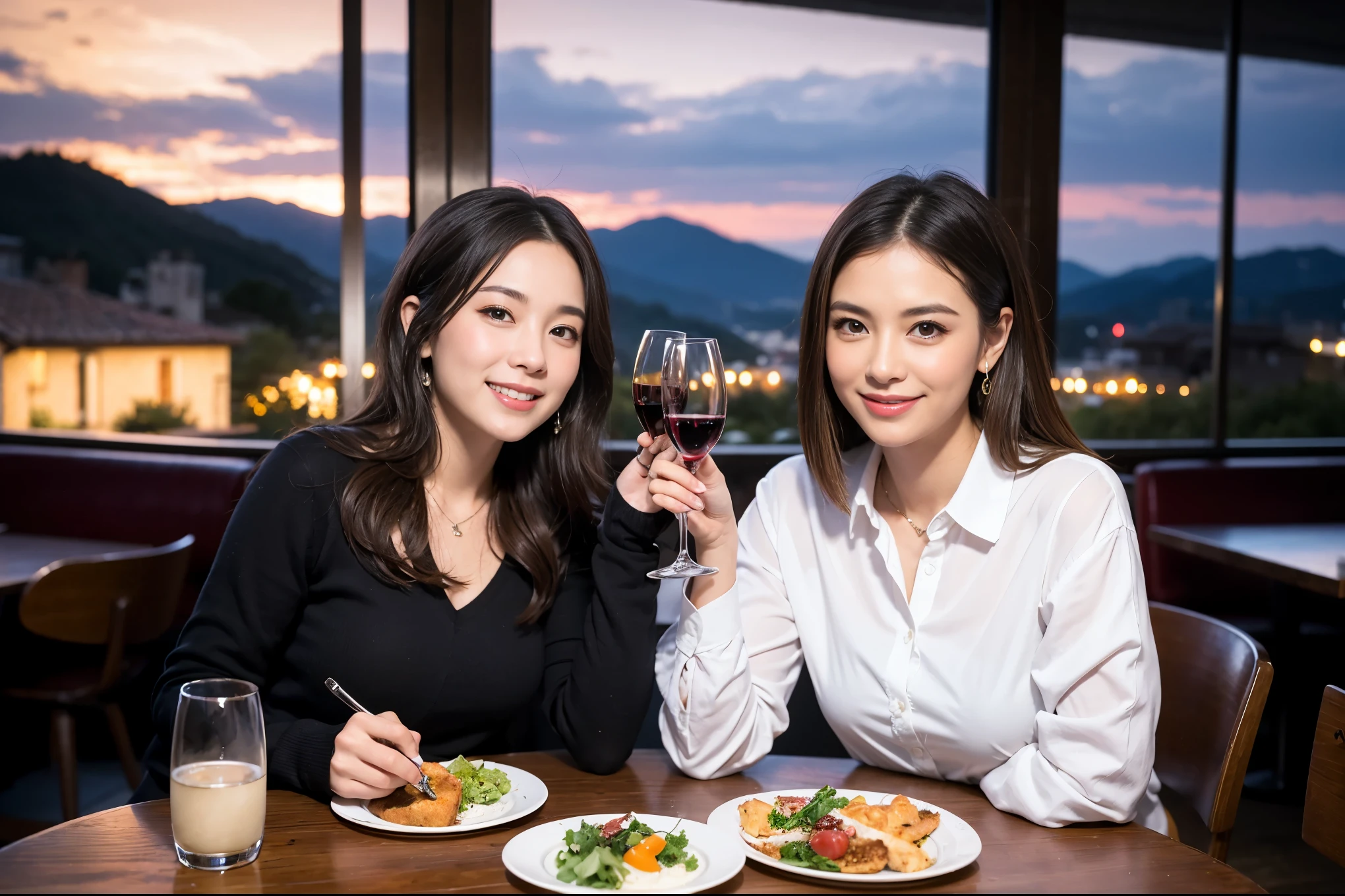 ((highest quality、8k、masterpiece:1.3))、1 male、1 female、Spouse、Beautiful couple、smile、 (Slim face), (the body is スリム), (Brown Hair), (Shortcuts), テーブルの上のwine glass、Please shine a light on my face、 Amazing view of the sunset sky and clouds、Amazing mountain views、smileの美しさ、Bright image、Blushing, Shortcuts,Bright Face、 (Age 35), 39 years old, red wine 、Appetizers、Italian food、Wine bottle、Champagne、sparkling wine、Long sleeve shirt、dress、Attractive beauty、restaurant, Nova Frog Style, actress, model, Upper Body, White wine, red wine, wine glass, 