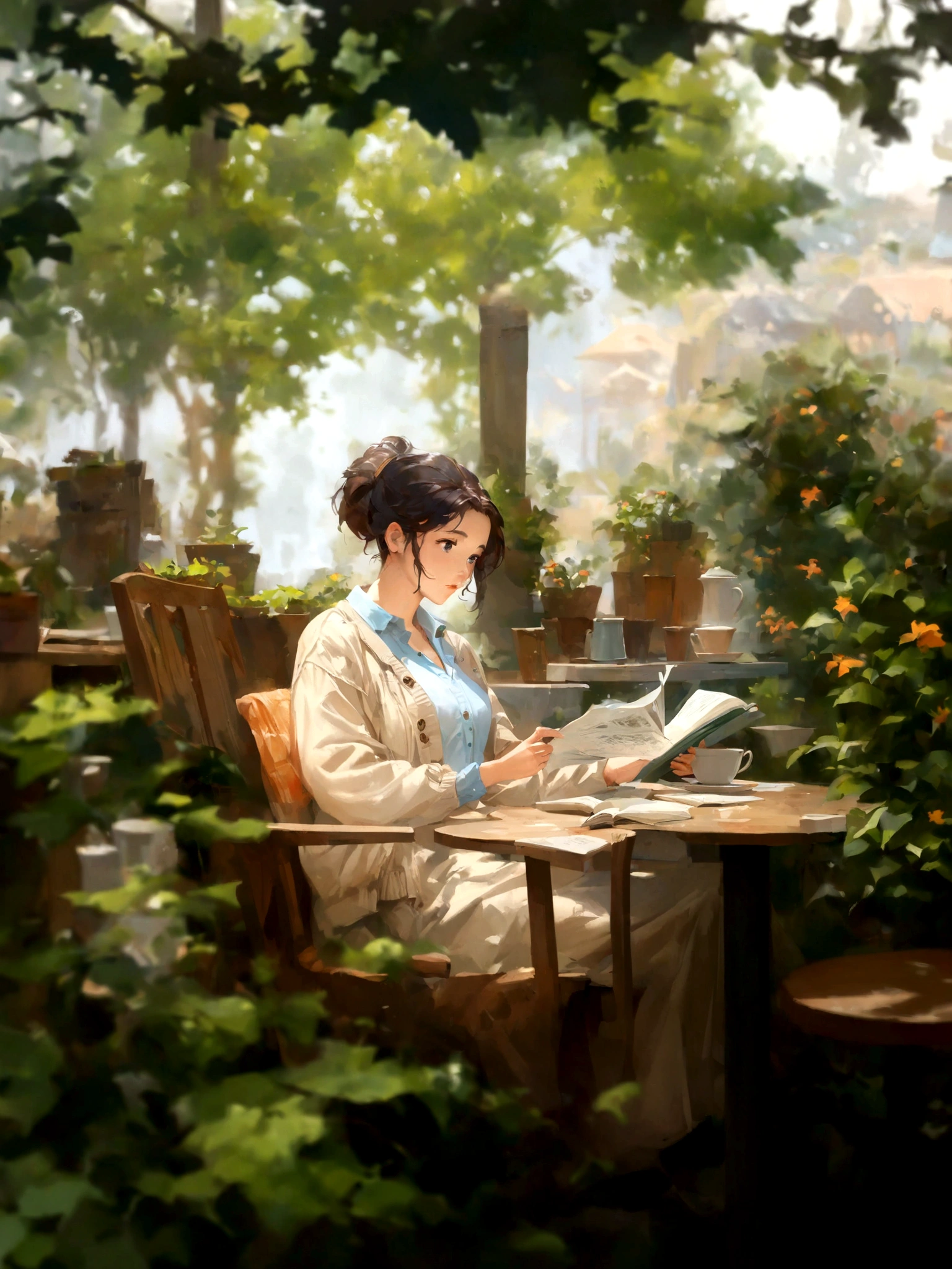 anime girl sitting in a chair reading a book in a garden, artwork in the style of guweiz, sitting in a cafe alone, mysterious coffee shop girl, sitting alone in a cafe, sitting in a cafe, cozy cafe background, painted in anime painter studio, relaxing concept art, makoto shinkai art style, by Yang J, makoto shinkai style