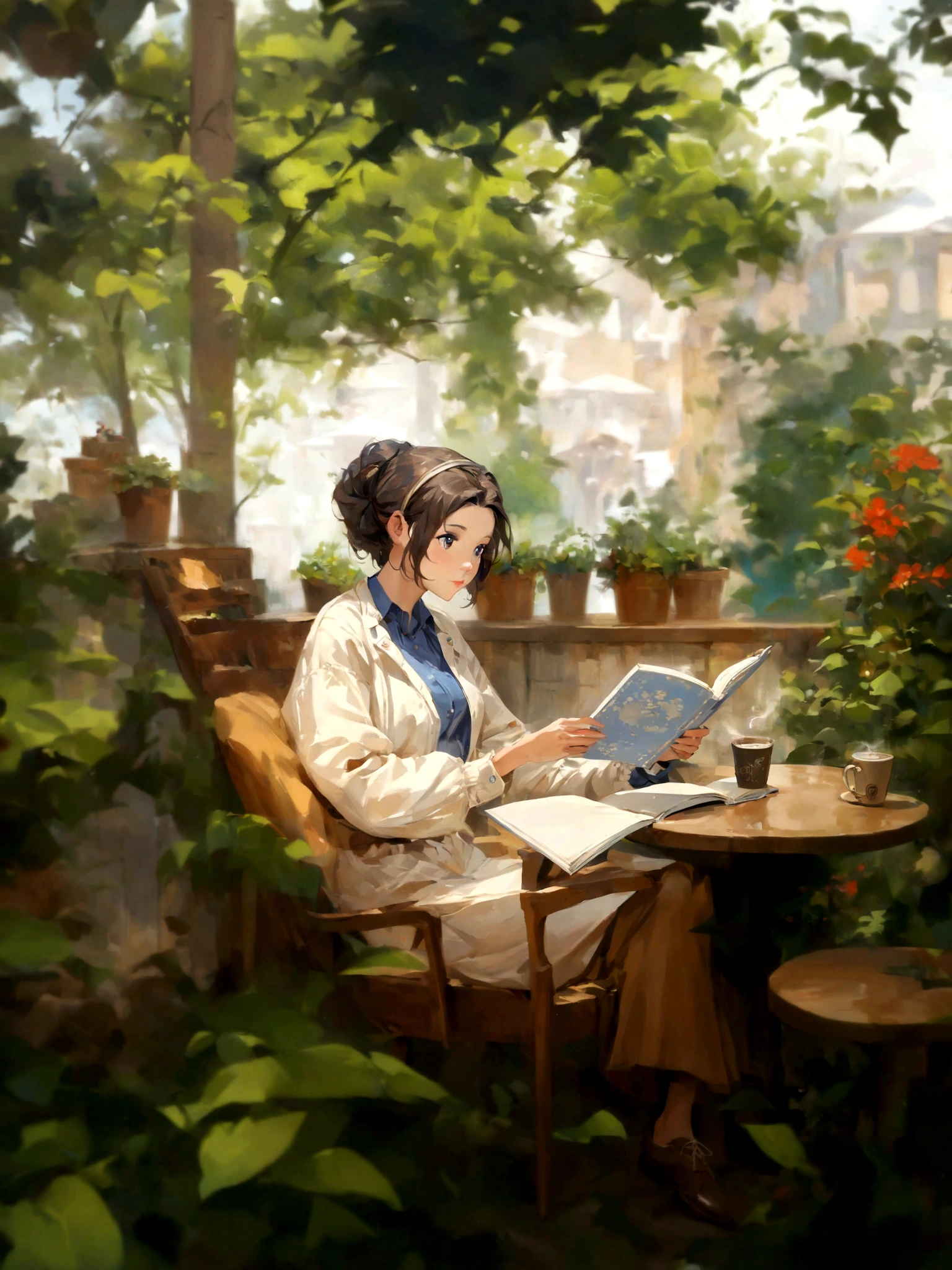 anime girl sitting in a chair reading a book in a garden, artwork in the style of guweiz, sitting in a cafe alone, mysterious coffee shop girl, sitting alone in a cafe, sitting in a cafe, cozy cafe background, painted in anime painter studio, relaxing concept art, makoto shinkai art style, by Yang J, makoto shinkai style